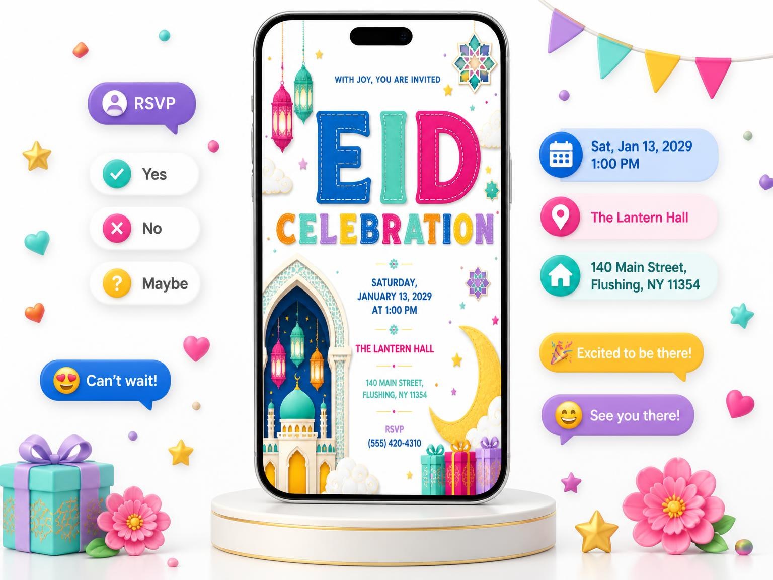 The Islamic Arch Eid Celebration Invitation invitation on a phone, with guest RSVPs arriving around it
