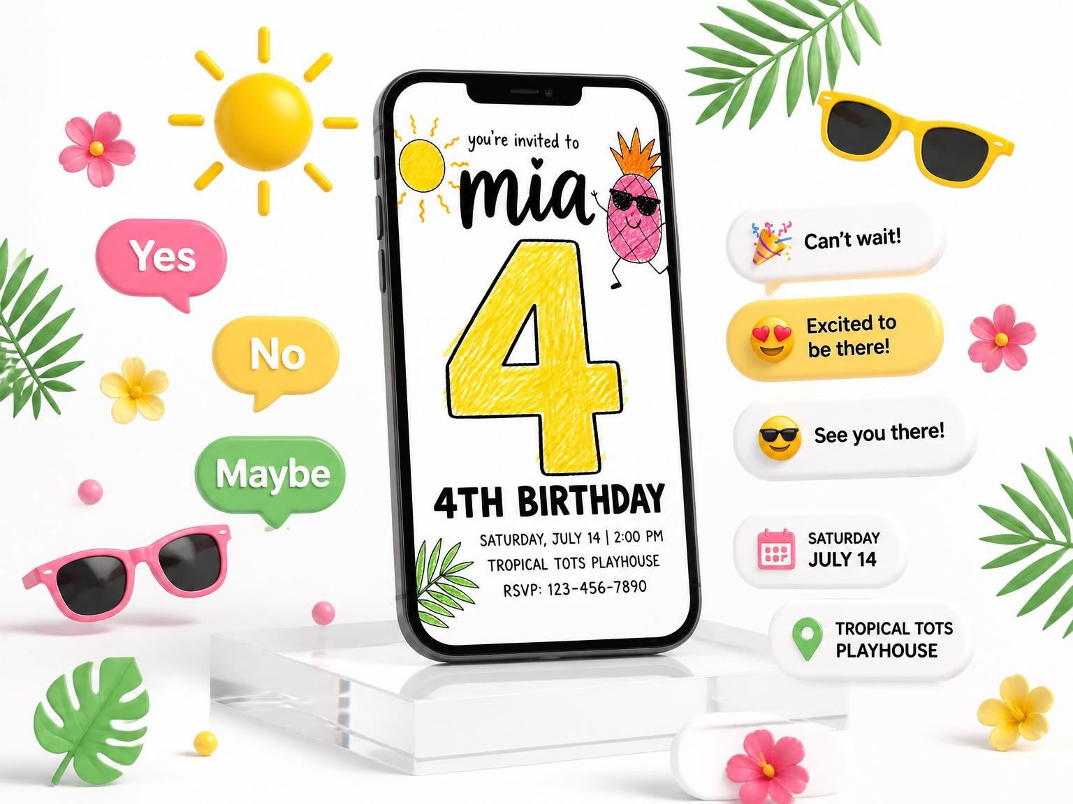 The Crayon Tropical Pineapple Fruit 4th Birthday invitation on a phone, with guest RSVPs arriving around it