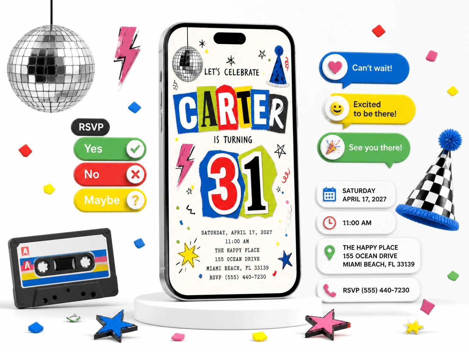 The Retro Paper Collage 31st Birthday Invitation invitation on a phone, with guest RSVPs arriving around it