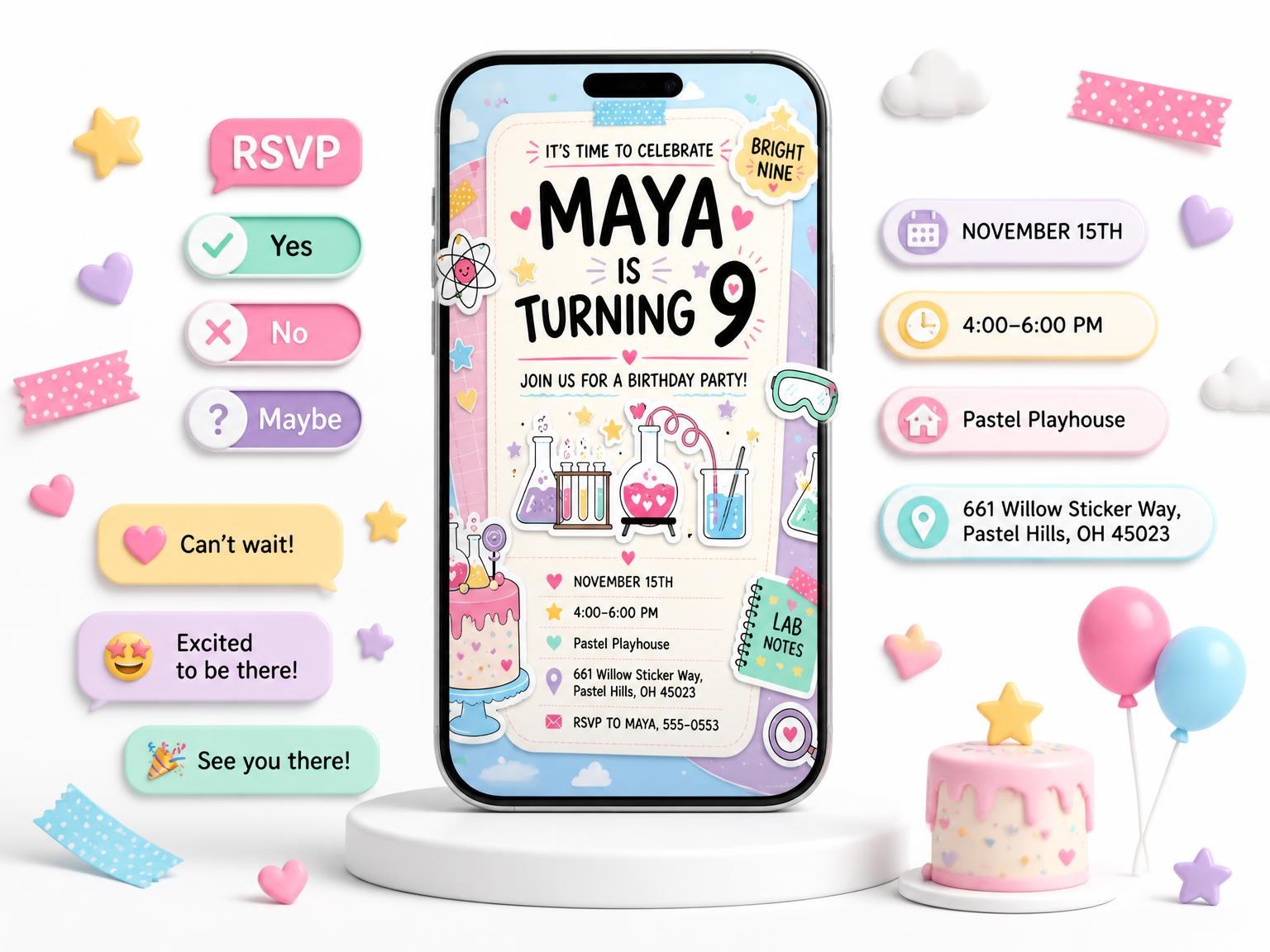 The Science Lab 9th Birthday Invitation invitation on a phone, with guest RSVPs arriving around it