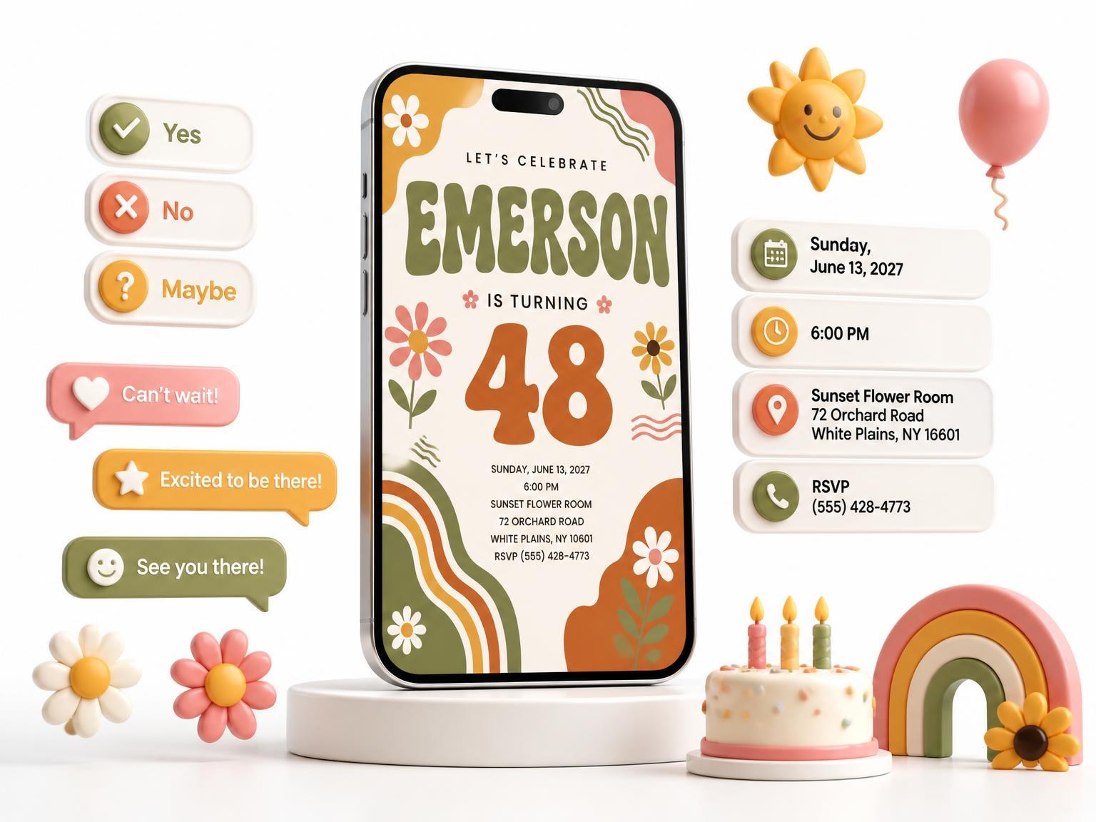 The Groovy Retro 48th Birthday Invitation invitation on a phone, with guest RSVPs arriving around it