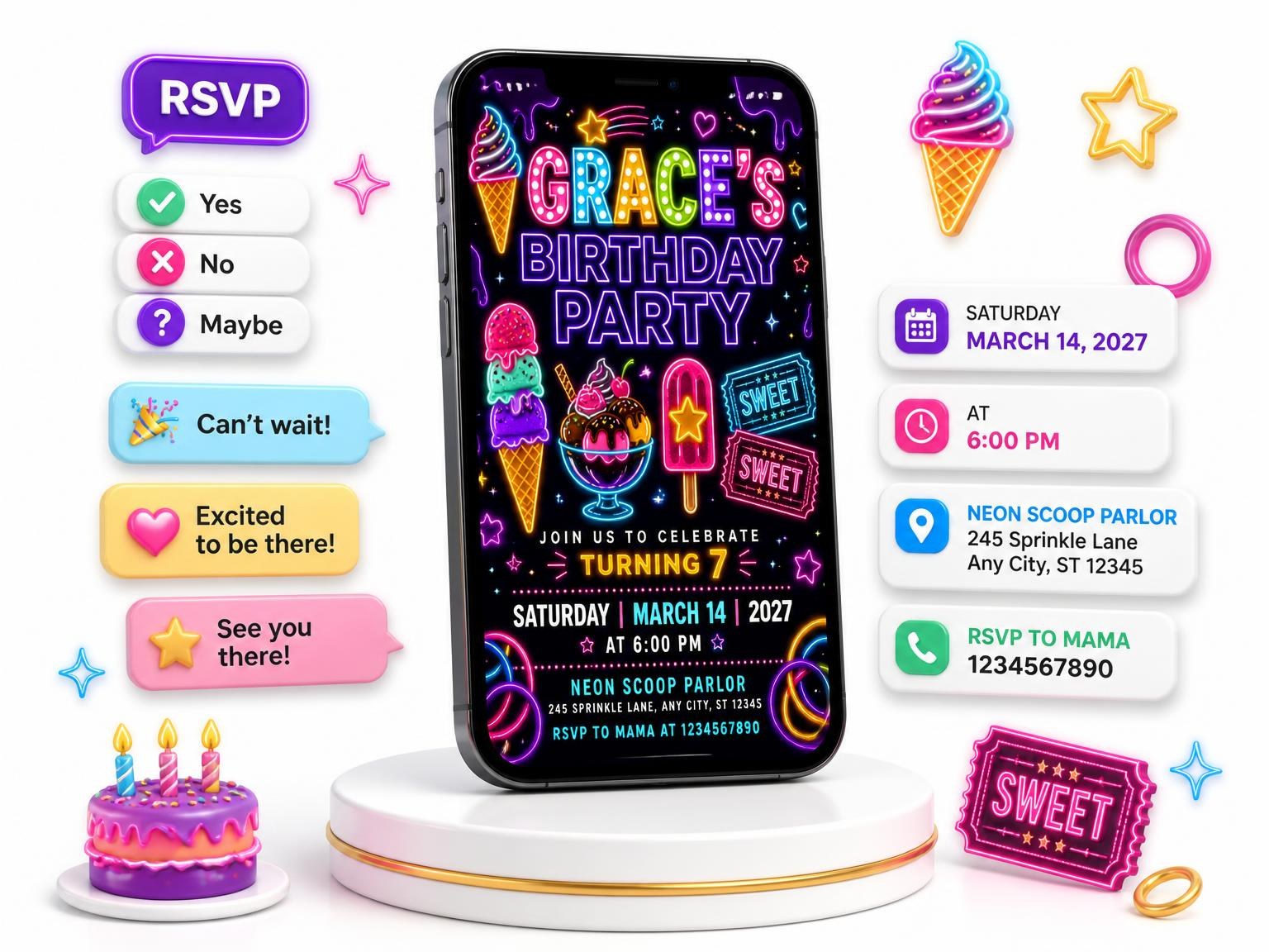 The Neon Ice Cream 7th Birthday Invitation invitation on a phone, with guest RSVPs arriving around it
