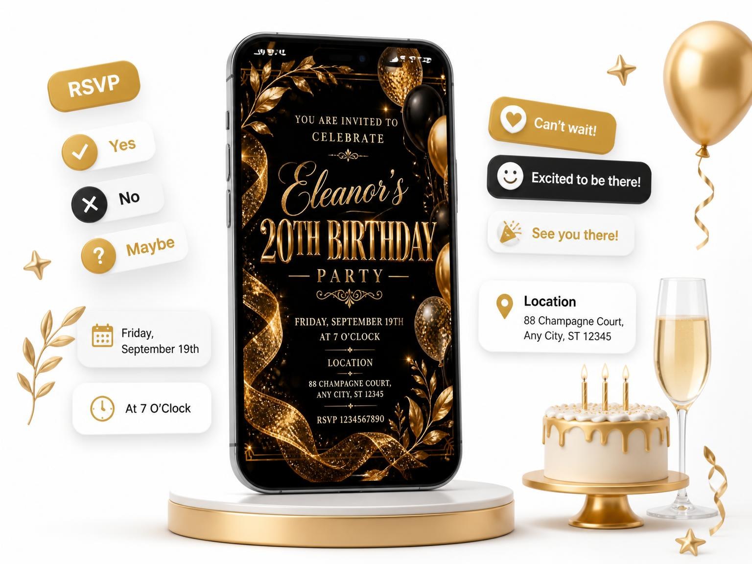 The Black and Gold 20th Birthday Invitation invitation on a phone, with guest RSVPs arriving around it