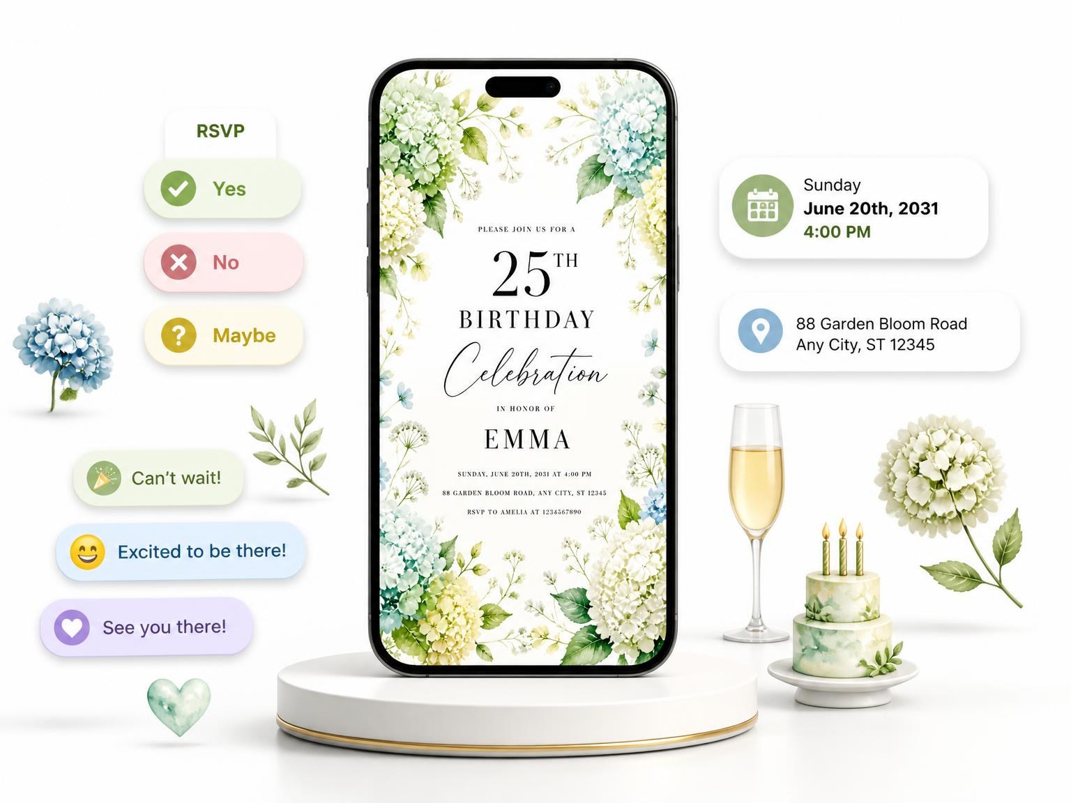 The Blooms Greenery Mint 25th Birthday Invitation invitation on a phone, with guest RSVPs arriving around it