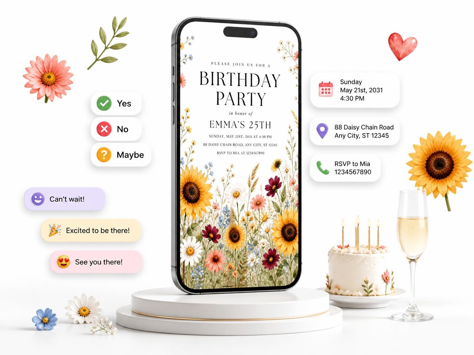 The Wildflowers Golden 25th Birthday Invitation invitation on a phone, with guest RSVPs arriving around it