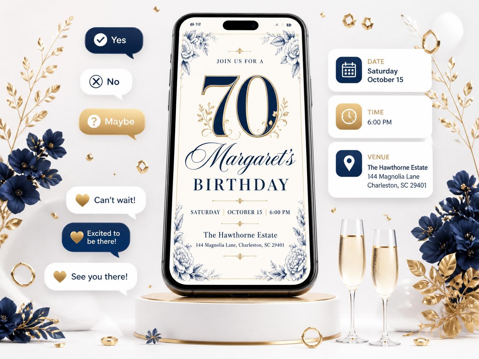 The Navy Botanical Cream 70th Birthday invitation on a phone, with guest RSVPs arriving around it
