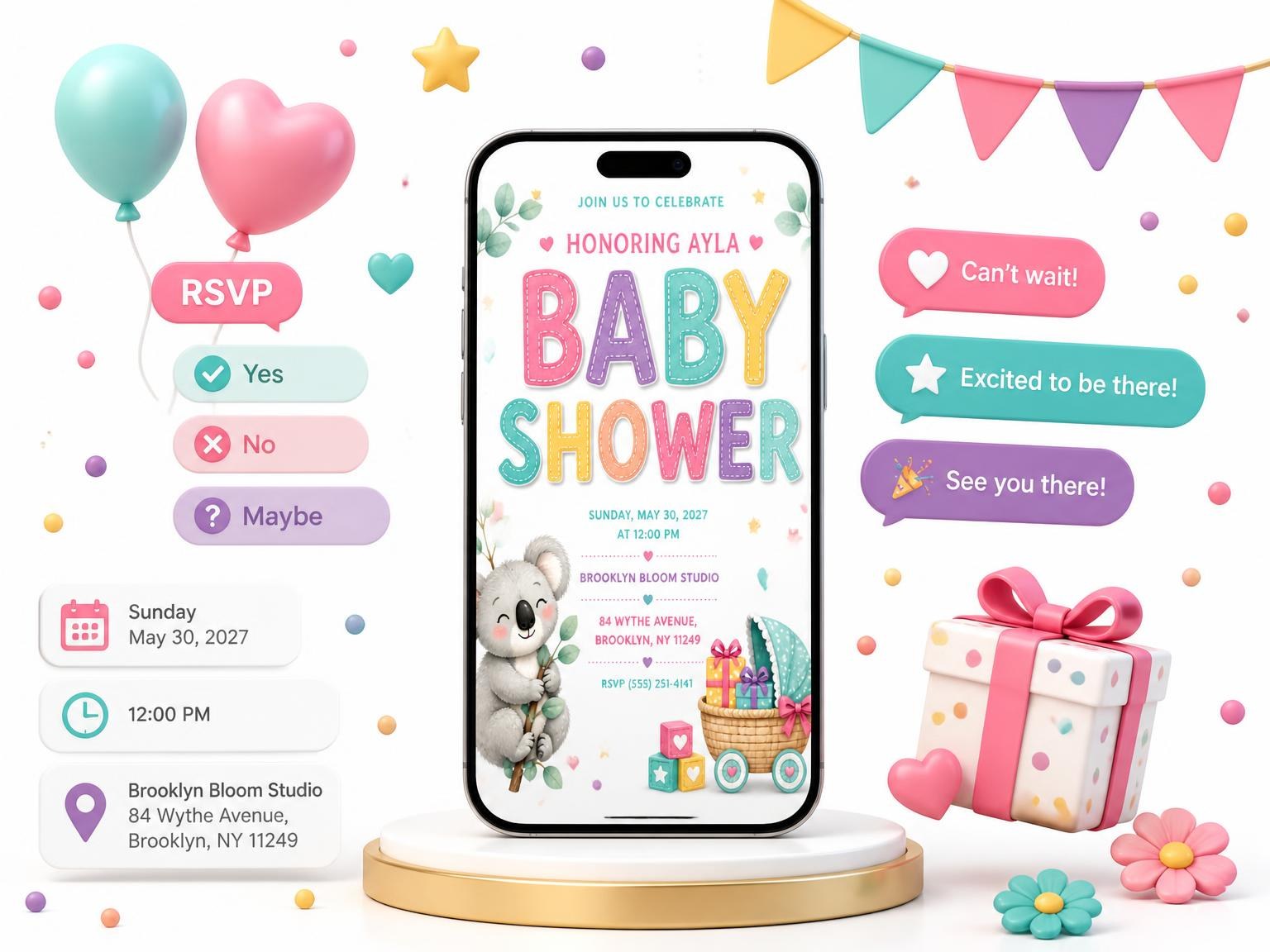 The Koala Baby Shower Invitation invitation on a phone, with guest RSVPs arriving around it