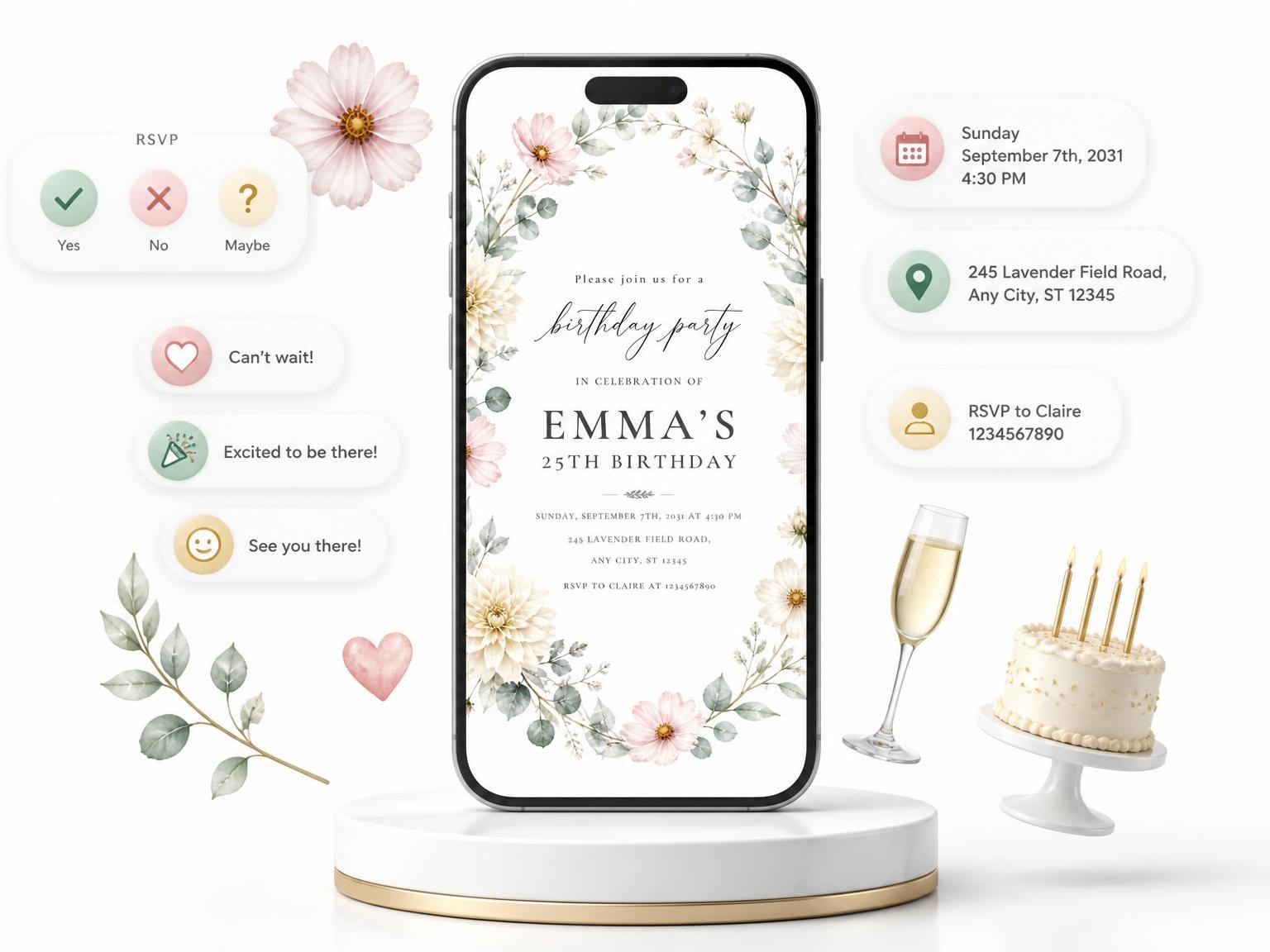The Floral Wreath Ivory 25th Birthday Invitation invitation on a phone, with guest RSVPs arriving around it
