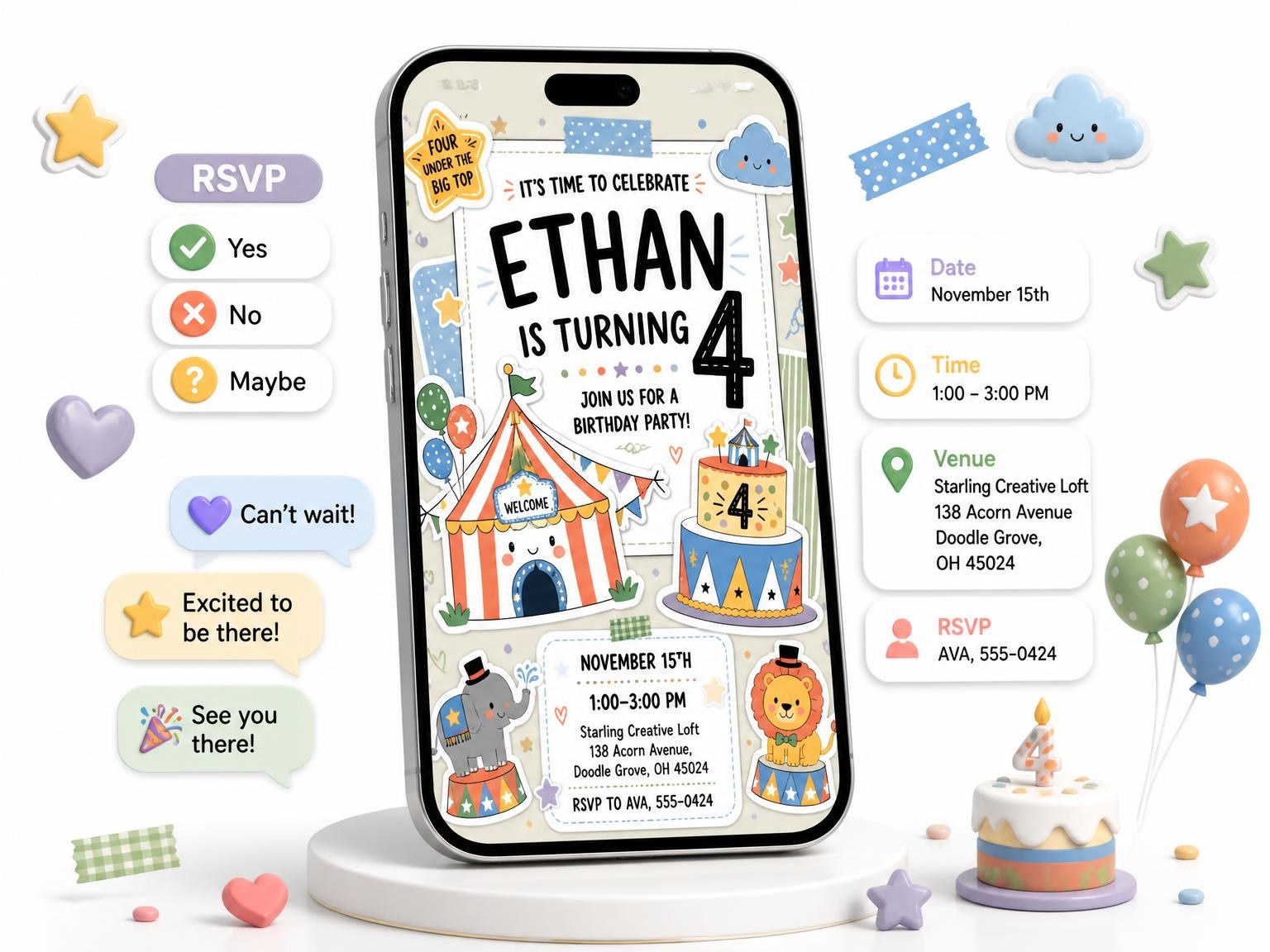 The Circus Tent Pastel 4th Birthday Invitation invitation on a phone, with guest RSVPs arriving around it