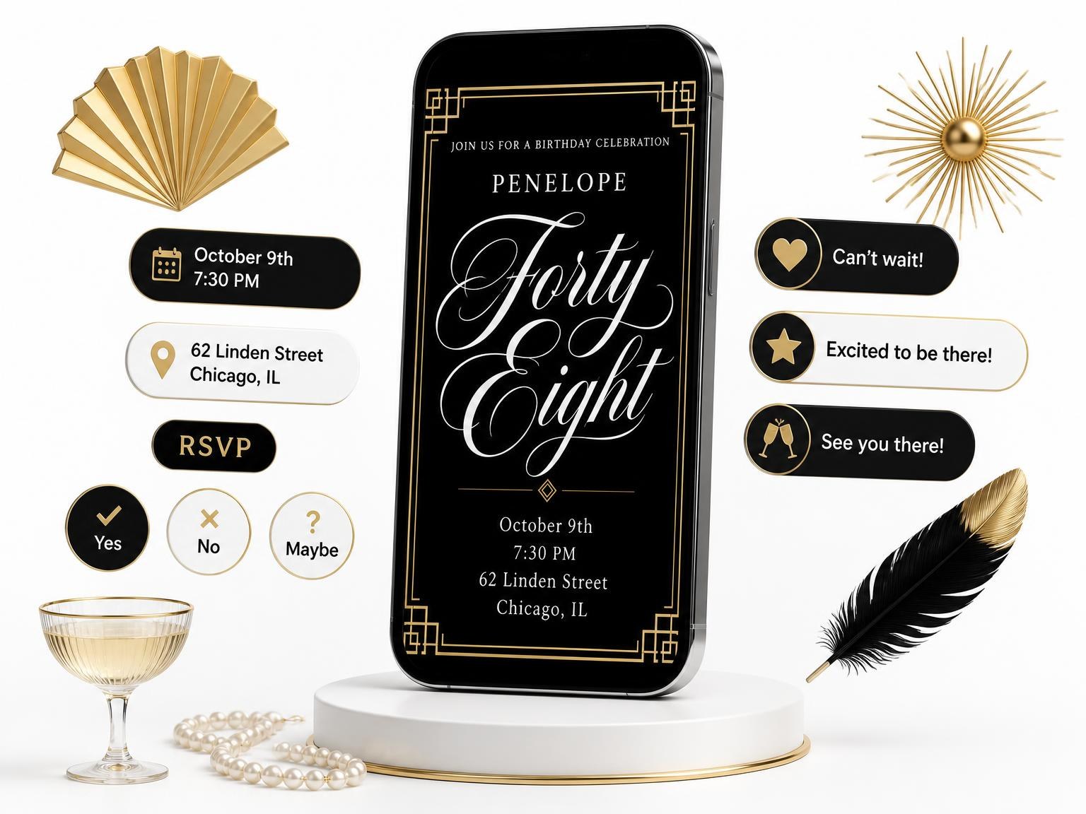 The Gold Art Deco 48th Birthday Invitation invitation on a phone, with guest RSVPs arriving around it