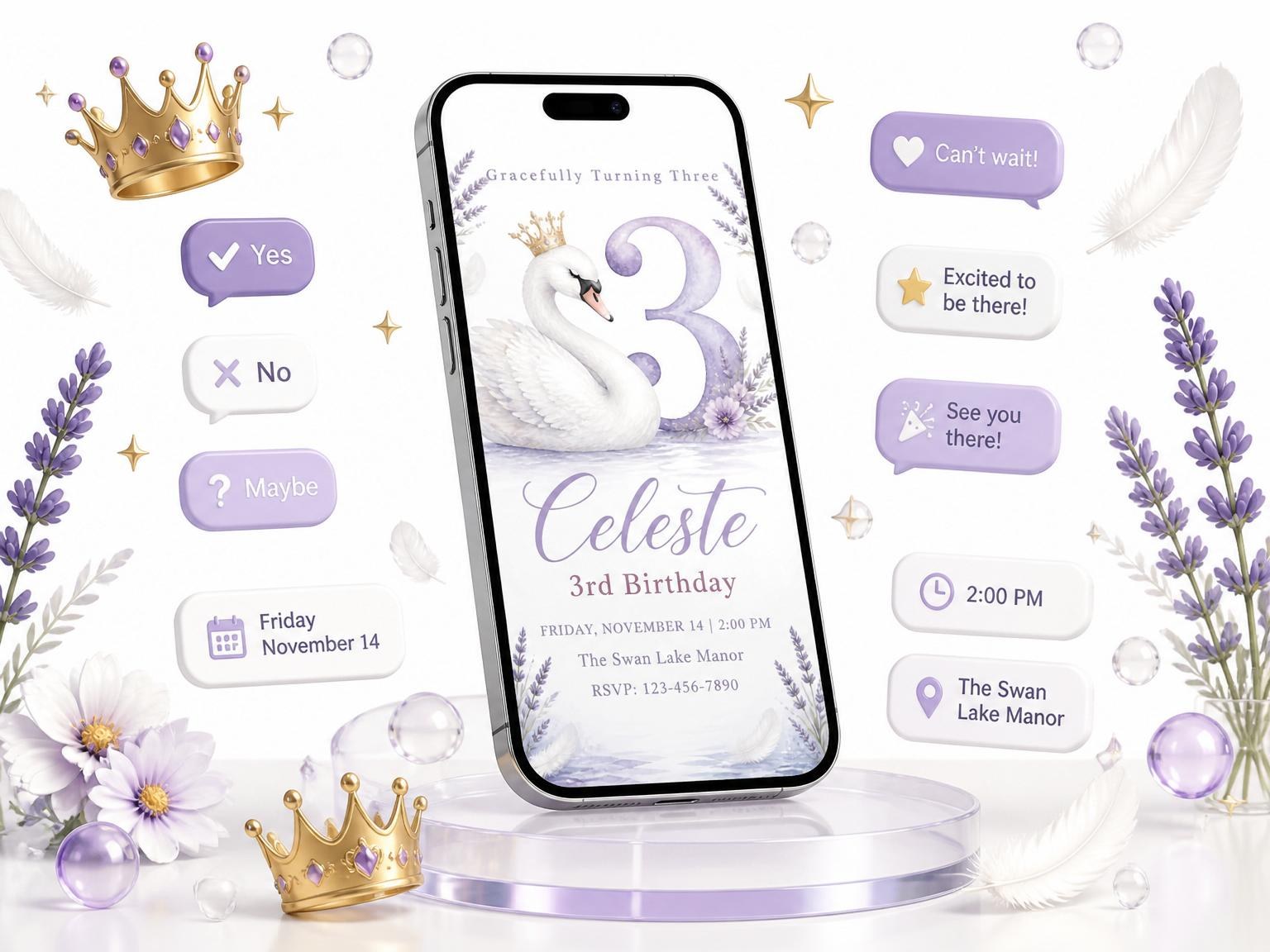 The Lavender Swan Watercolor 3rd Birthday invitation on a phone, with guest RSVPs arriving around it