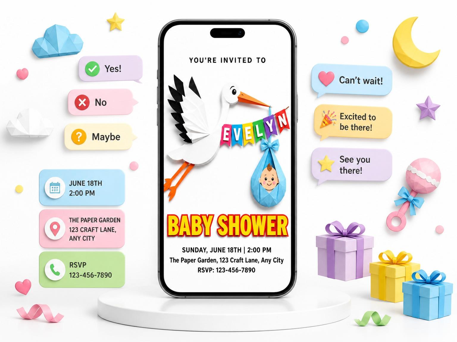 The Paper-Cut Stork Multi-Color Baby Shower invitation on a phone, with guest RSVPs arriving around it
