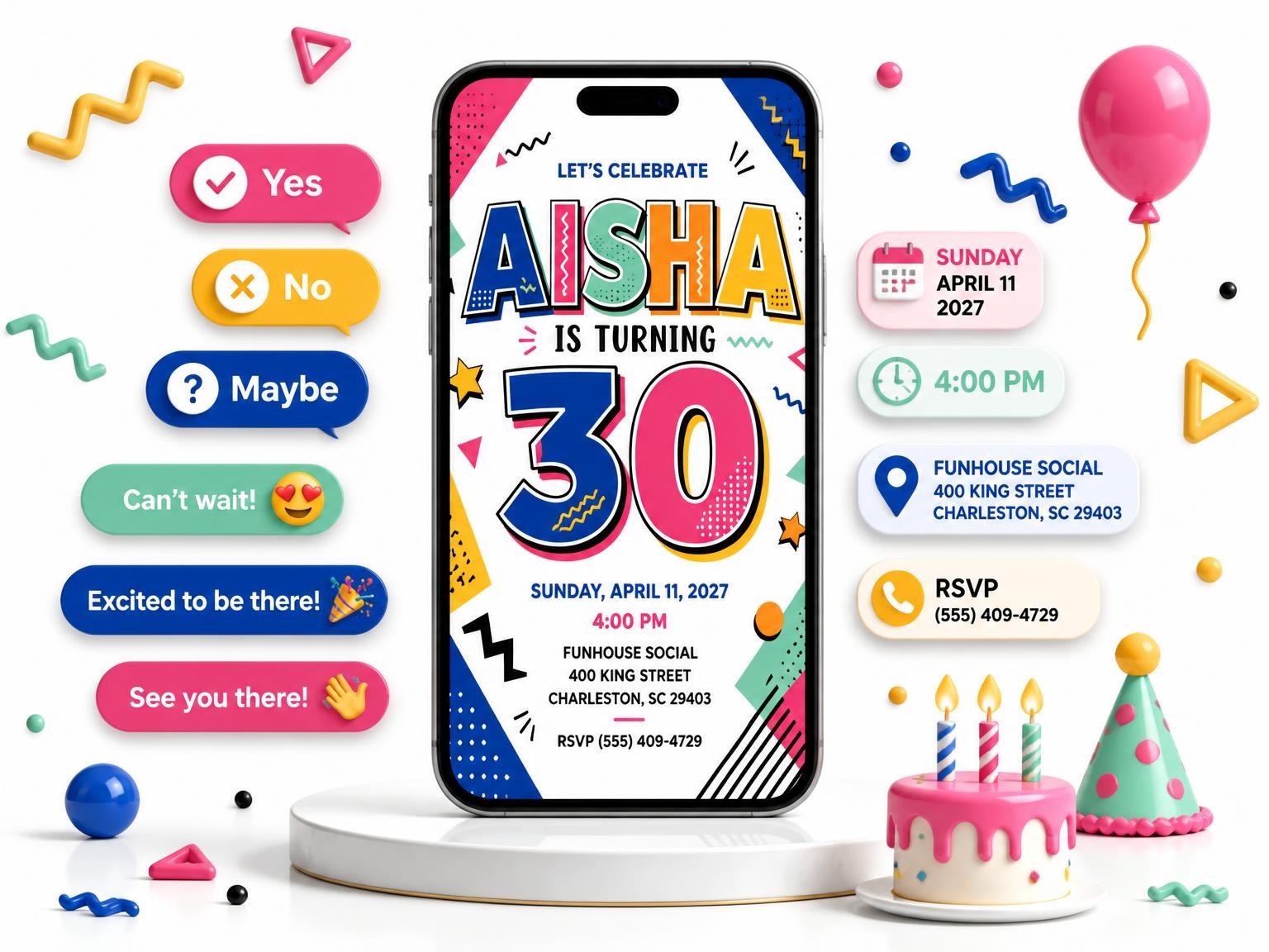 The Memphis Pop 30th Birthday Invitation invitation on a phone, with guest RSVPs arriving around it