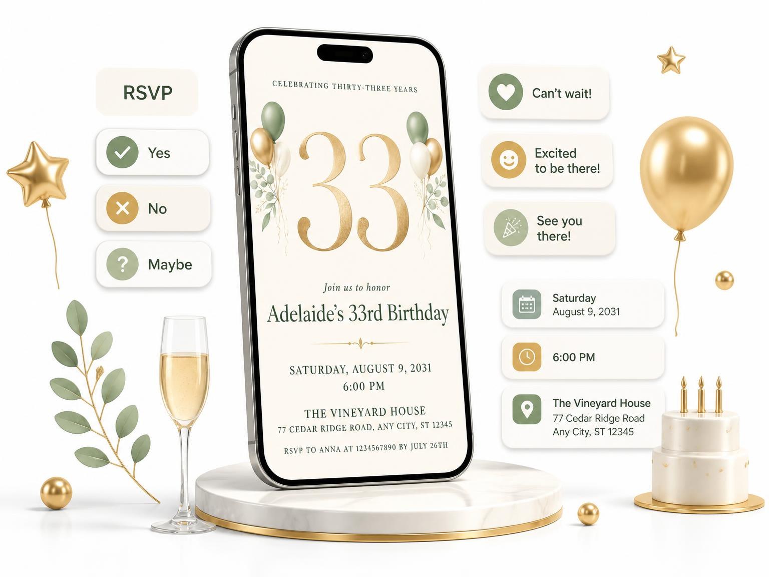 The Sage and Ivory 33rd Birthday Invitation invitation on a phone, with guest RSVPs arriving around it