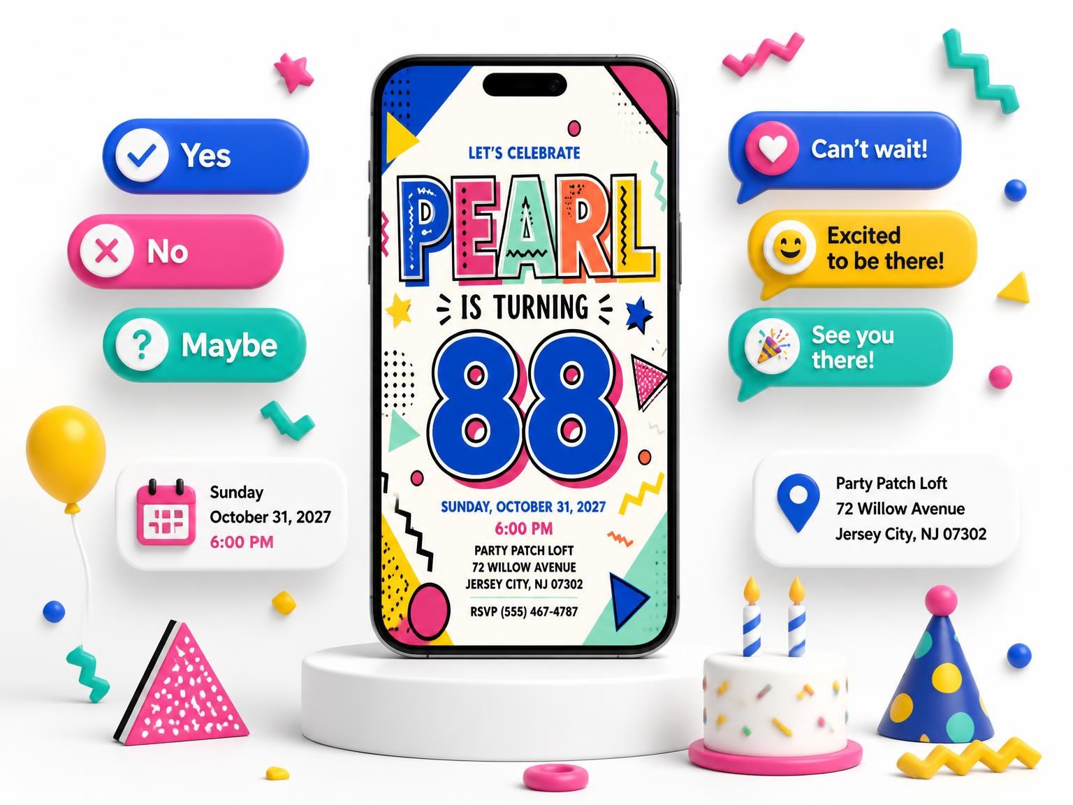 The Memphis Pop 88th Birthday Invitation invitation on a phone, with guest RSVPs arriving around it