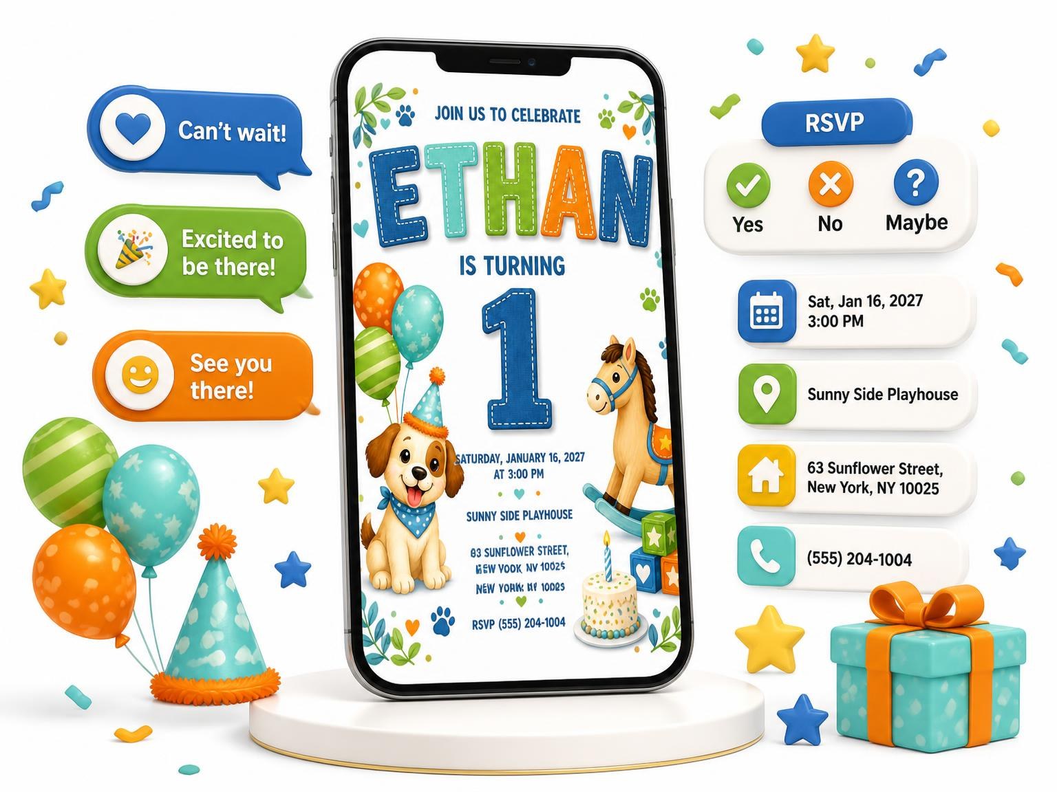 The Stitched Puppy Toys 1st Birthday Invitation invitation on a phone, with guest RSVPs arriving around it