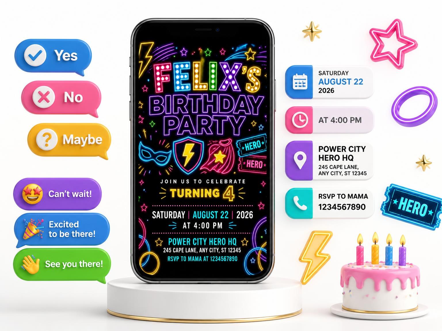 The Neon Superhero 4th Birthday Invitation invitation on a phone, with guest RSVPs arriving around it