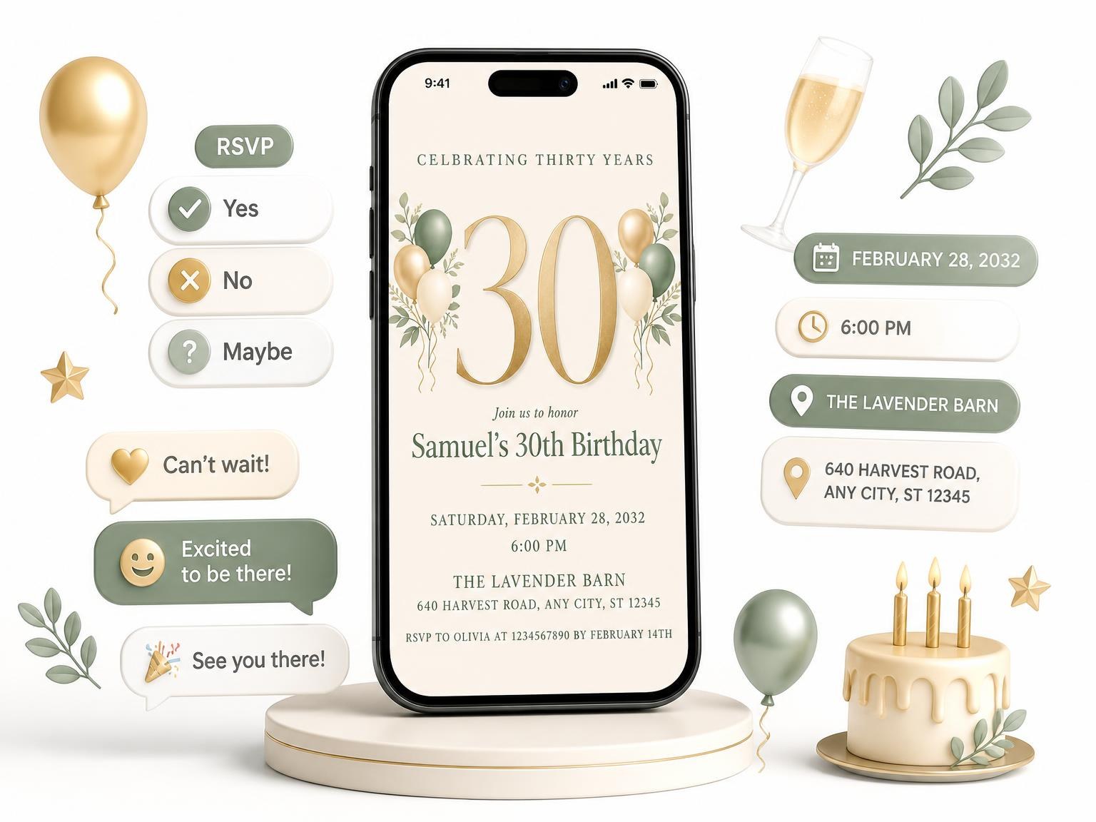 The Sage and Ivory 30th Birthday Invitation invitation on a phone, with guest RSVPs arriving around it