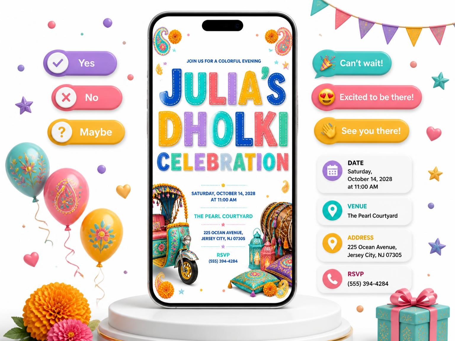 The Decorated Auto Rickshaw Dholki Invitation invitation on a phone, with guest RSVPs arriving around it