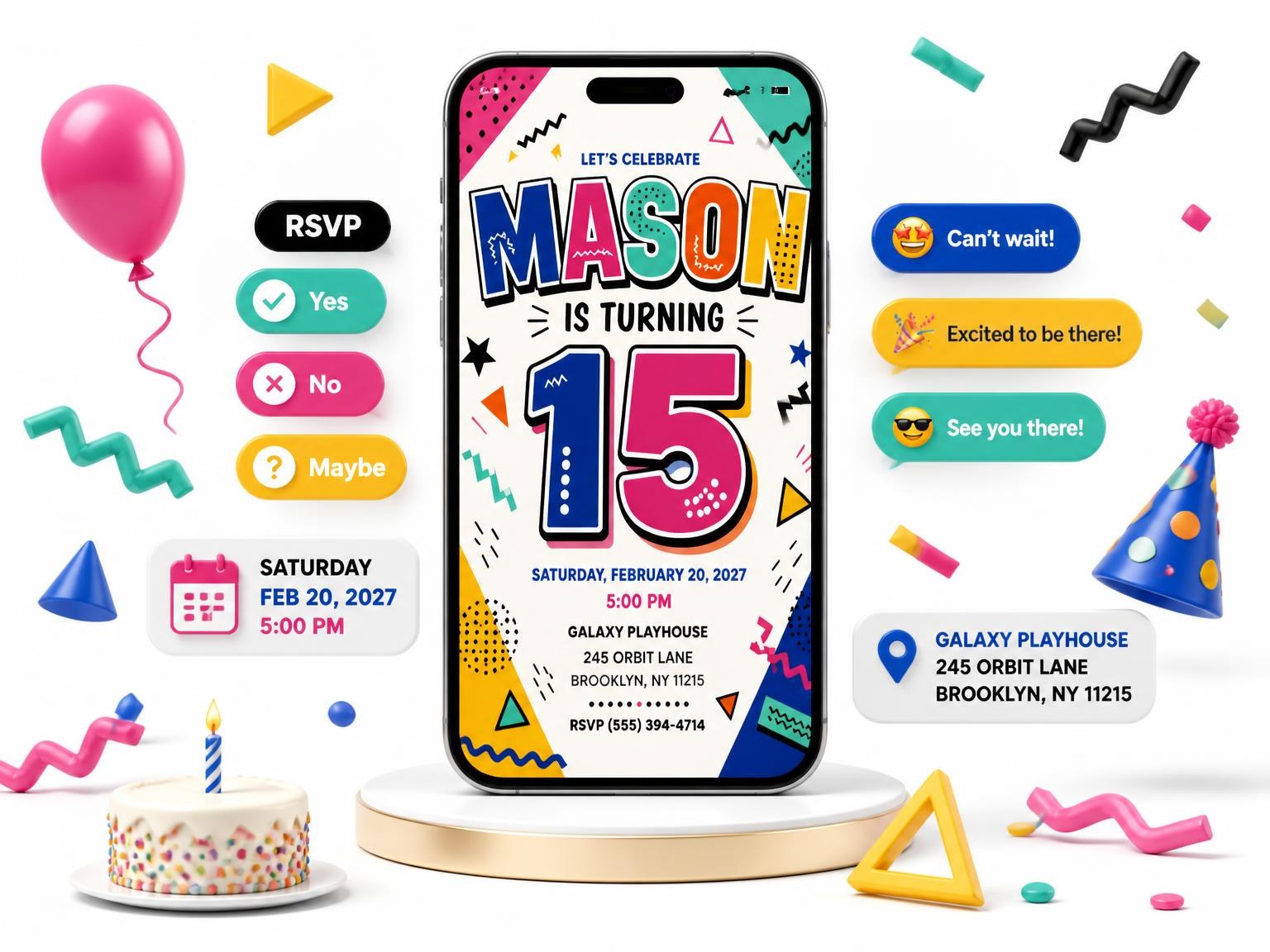The Memphis Pop 15th Birthday Invitation invitation on a phone, with guest RSVPs arriving around it