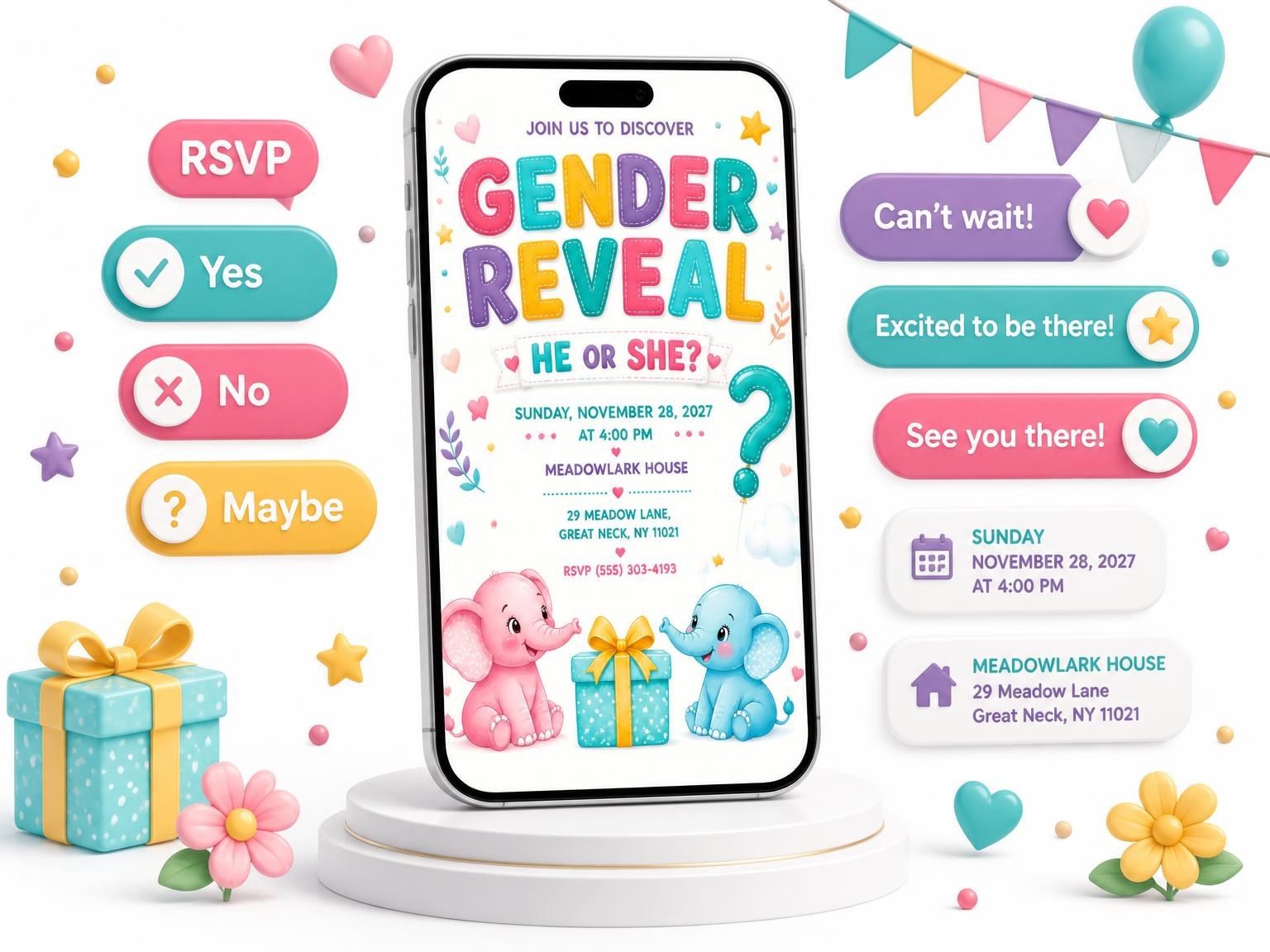 The Baby Elephants Gender Reveal Invitation invitation on a phone, with guest RSVPs arriving around it