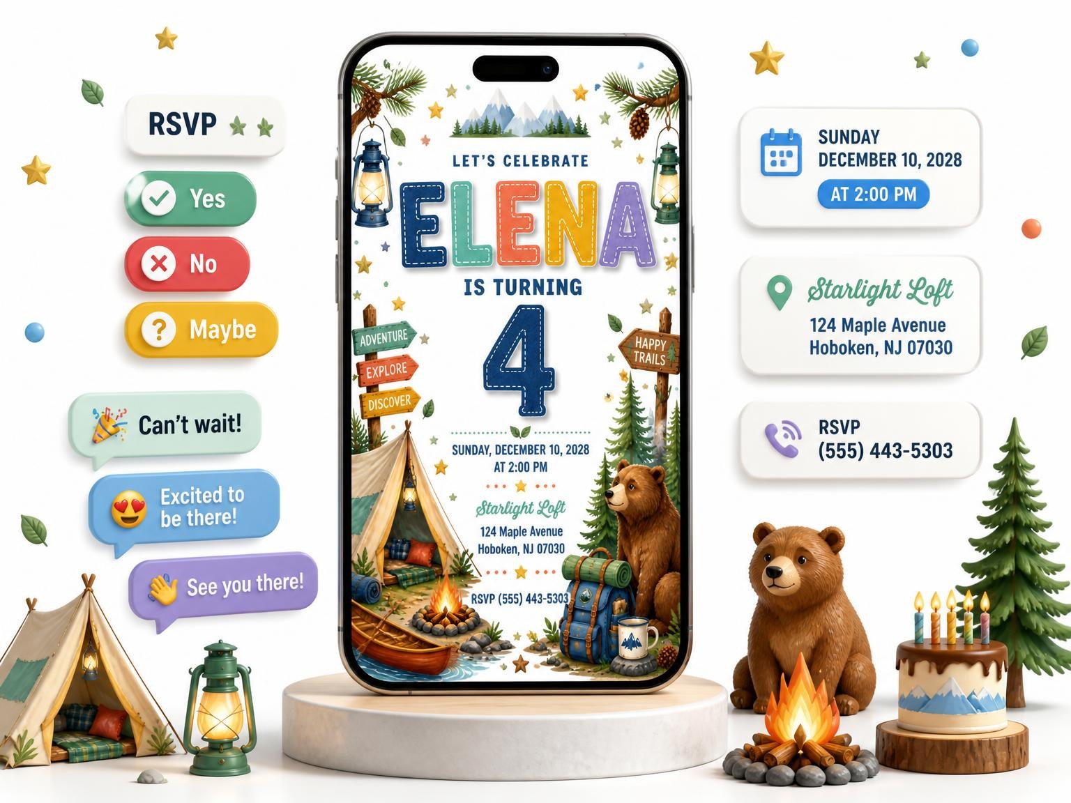 The Stitched Camping 4th Birthday Invitation invitation on a phone, with guest RSVPs arriving around it