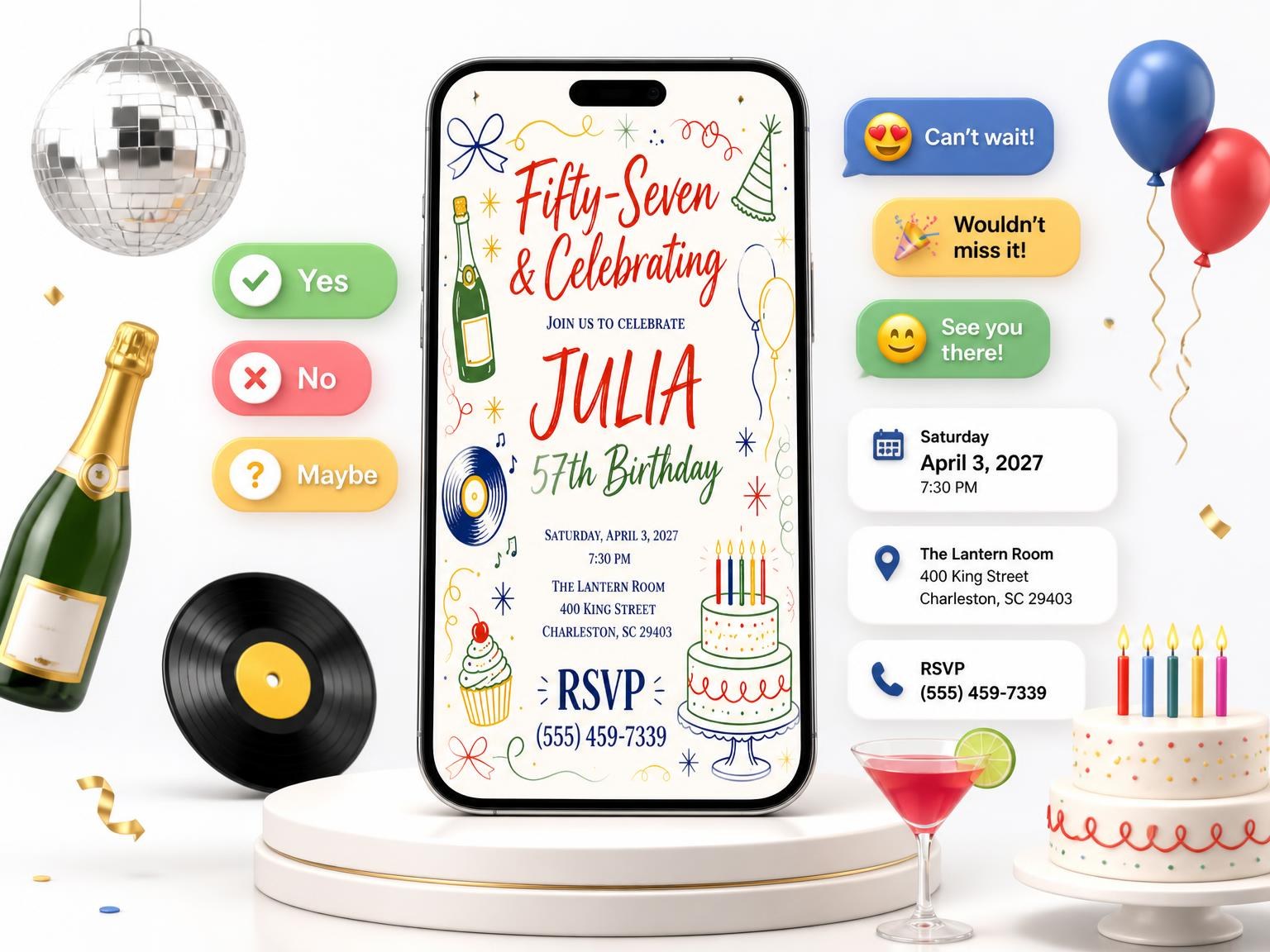 The Retro Doodle 57th Birthday Invitation invitation on a phone, with guest RSVPs arriving around it