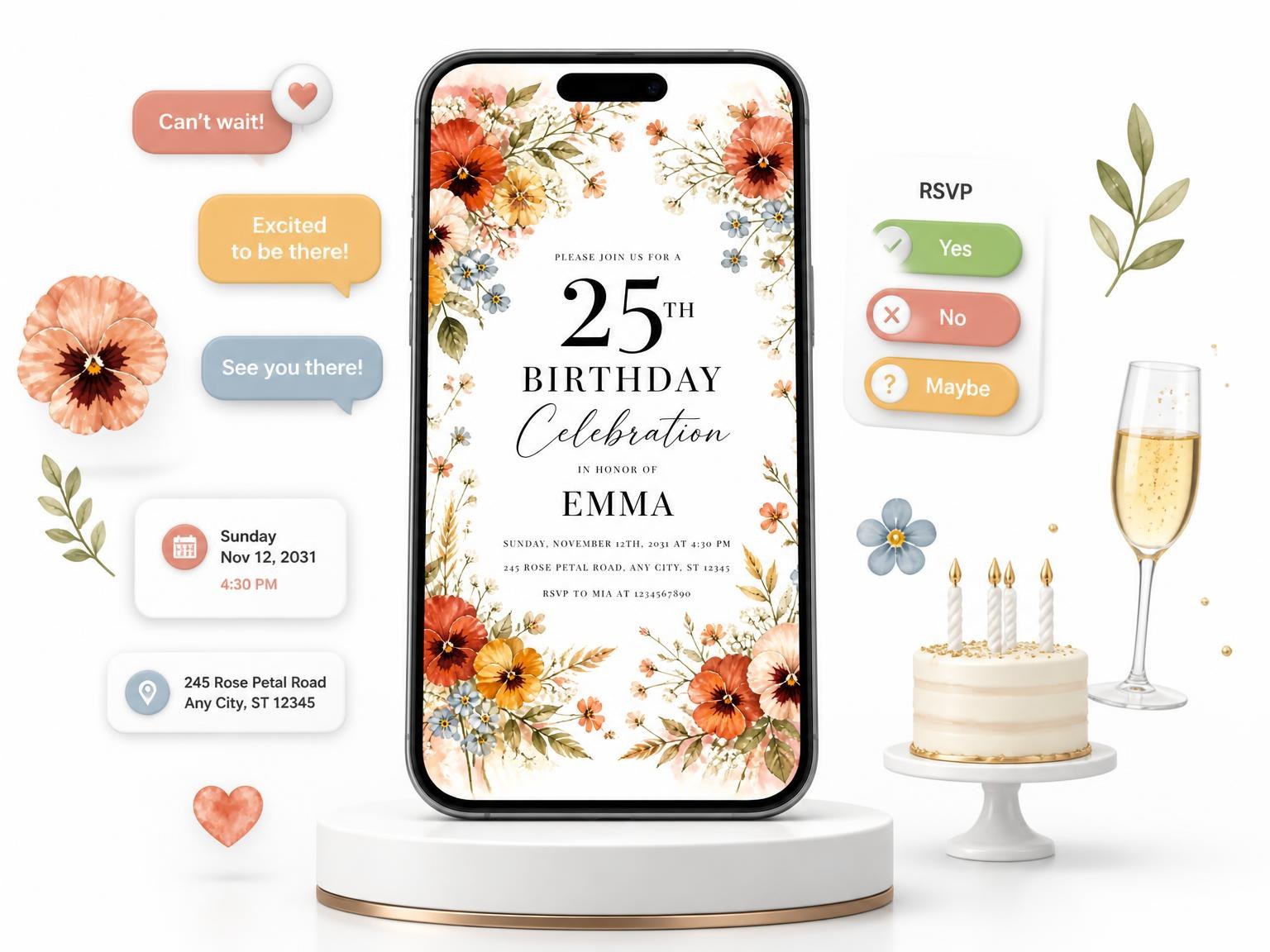 The Terracotta Garden Floral 25th Birthday Invitation invitation on a phone, with guest RSVPs arriving around it