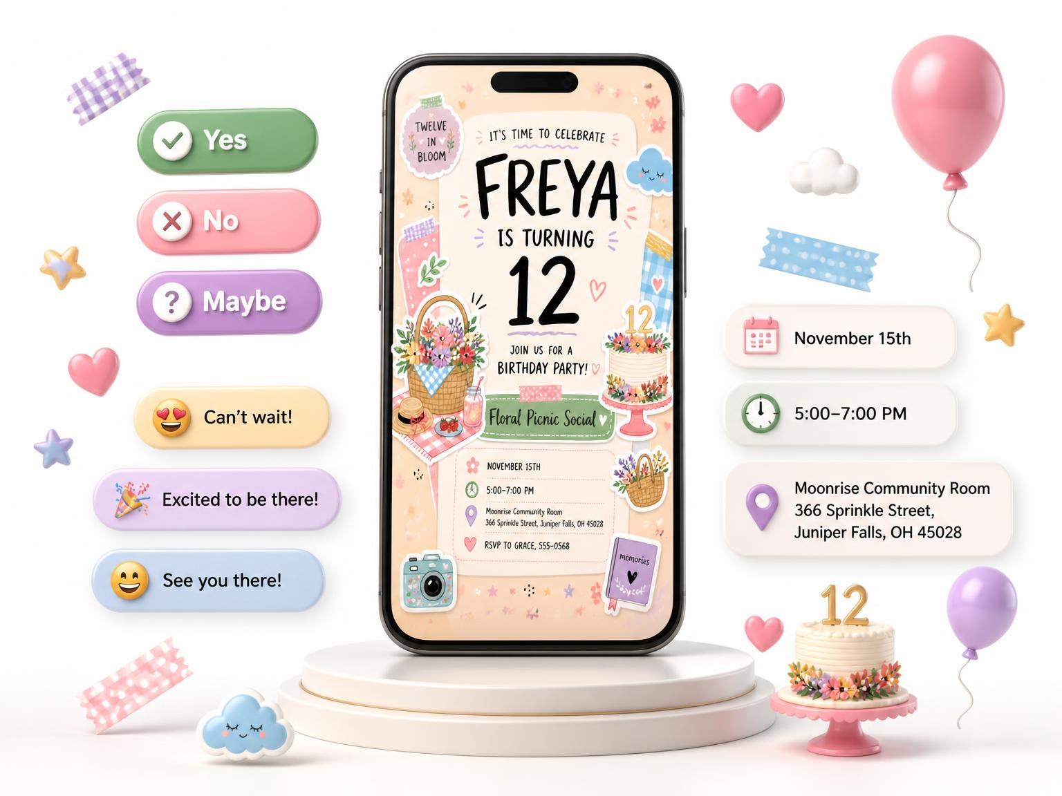 The Pastel Floral Picnic 12th Birthday Invitation invitation on a phone, with guest RSVPs arriving around it