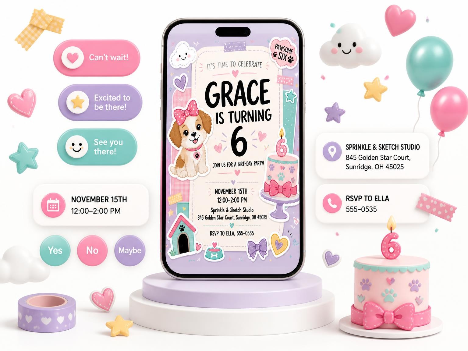 The Puppy Pastel Scrapbook 6th Birthday Invitation invitation on a phone, with guest RSVPs arriving around it