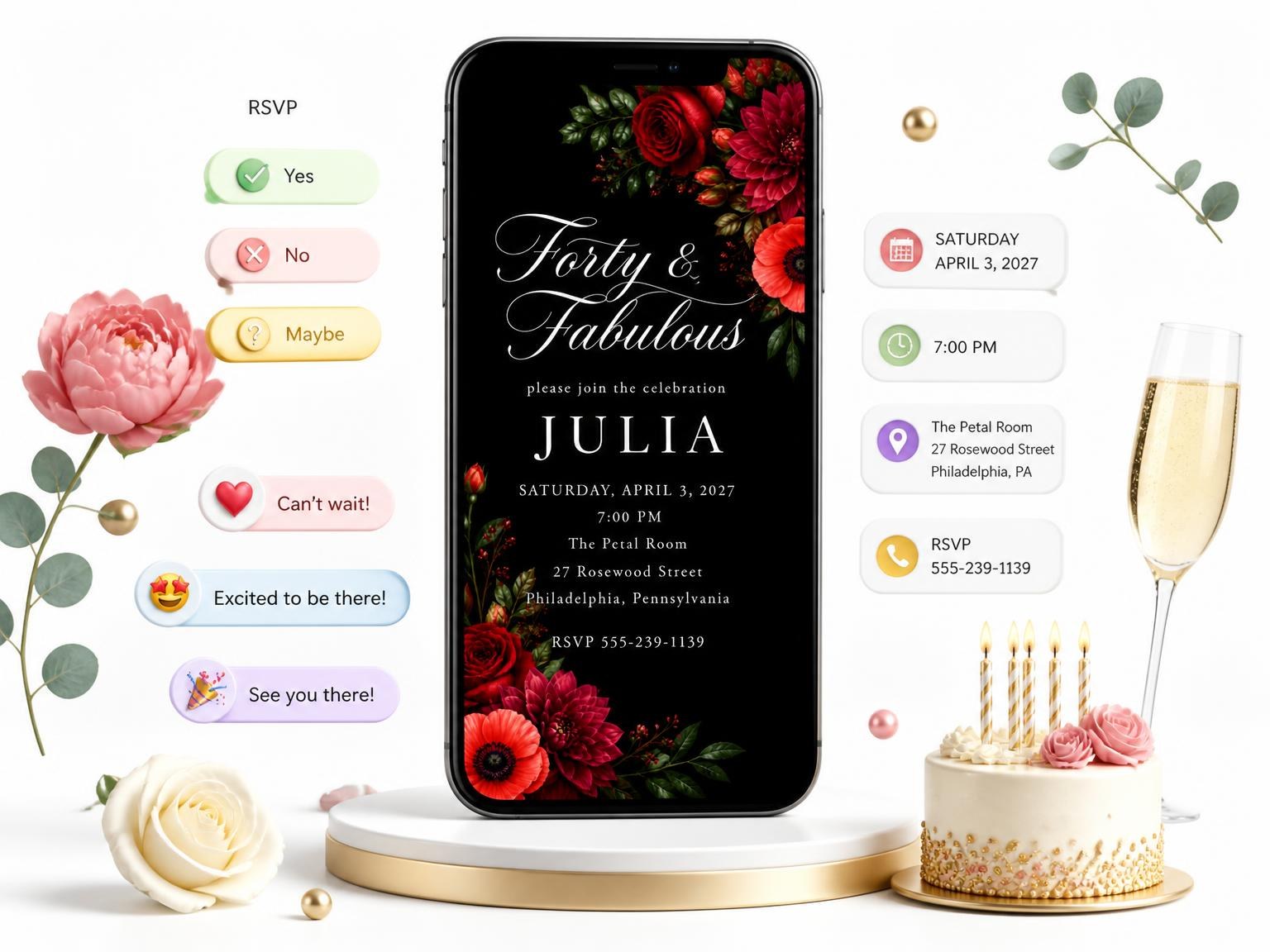 The Black Floral 40th Birthday Invitation invitation on a phone, with guest RSVPs arriving around it