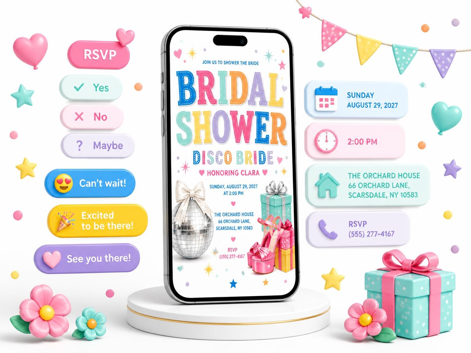 The Silver Disco Bridal Shower Invitation invitation on a phone, with guest RSVPs arriving around it