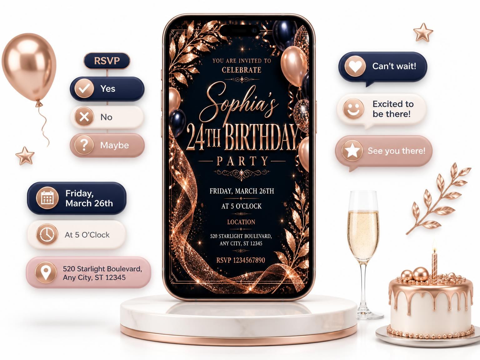 The Navy and Rose Gold 24th Birthday Invitation invitation on a phone, with guest RSVPs arriving around it