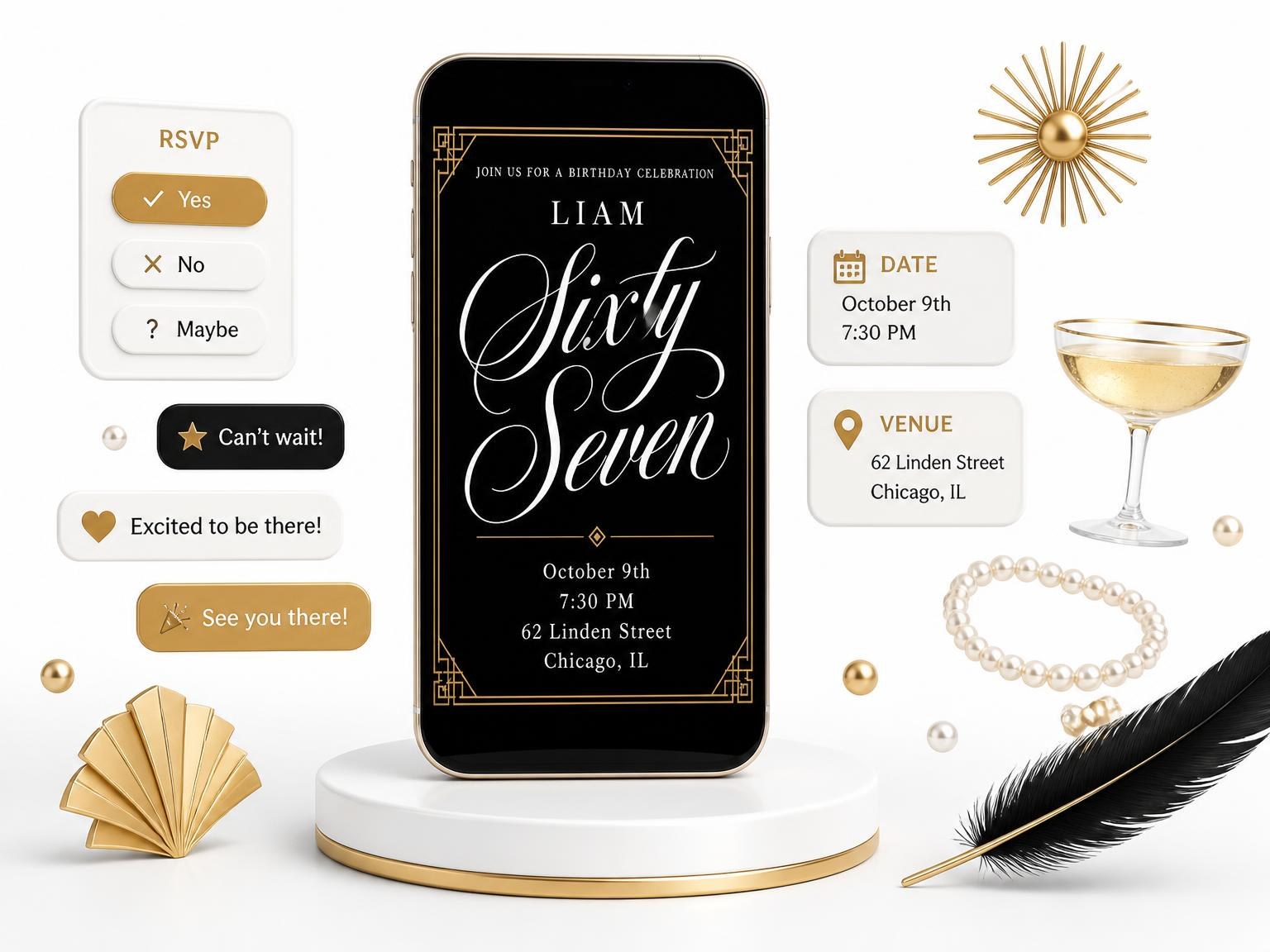 The Art Deco 67th Birthday Invitation invitation on a phone, with guest RSVPs arriving around it