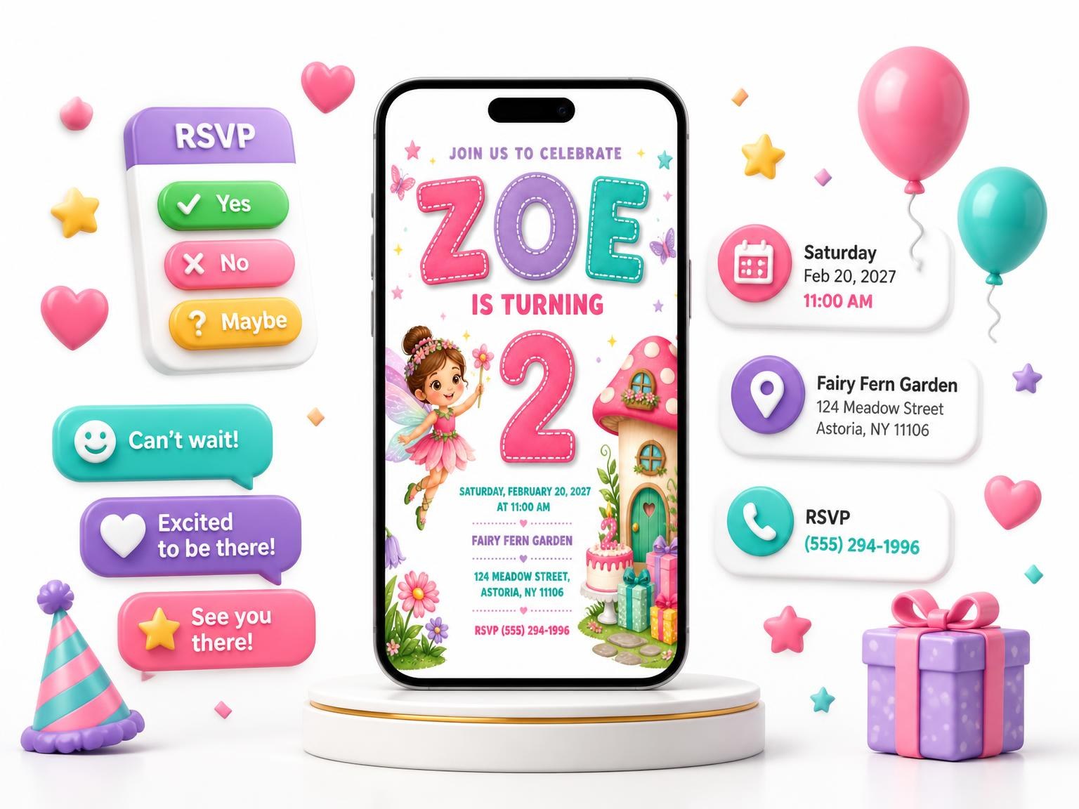 The Fairy Stitched 2nd Birthday Invitation invitation on a phone, with guest RSVPs arriving around it