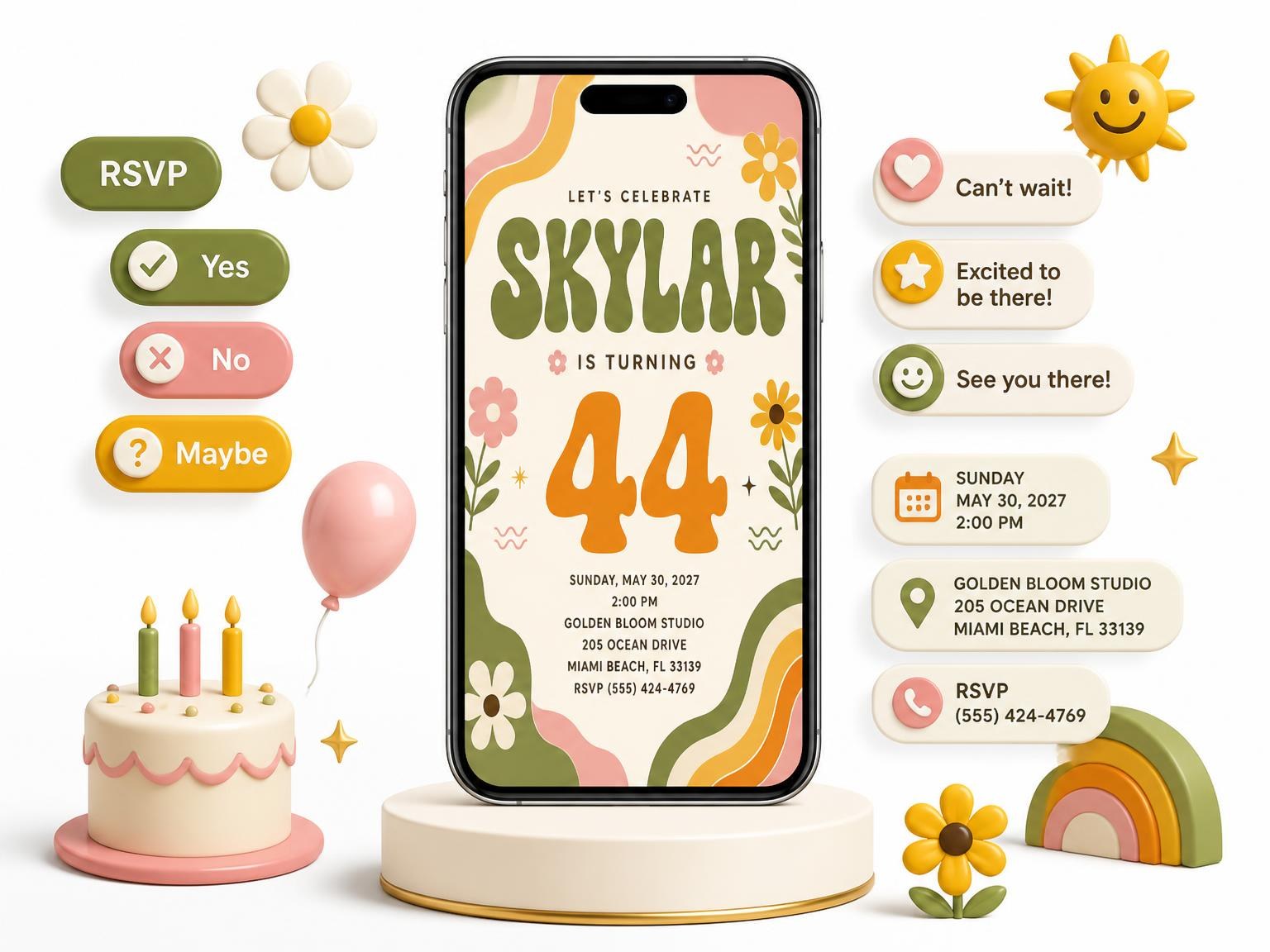 The Groovy Retro 44th Birthday Invitation invitation on a phone, with guest RSVPs arriving around it