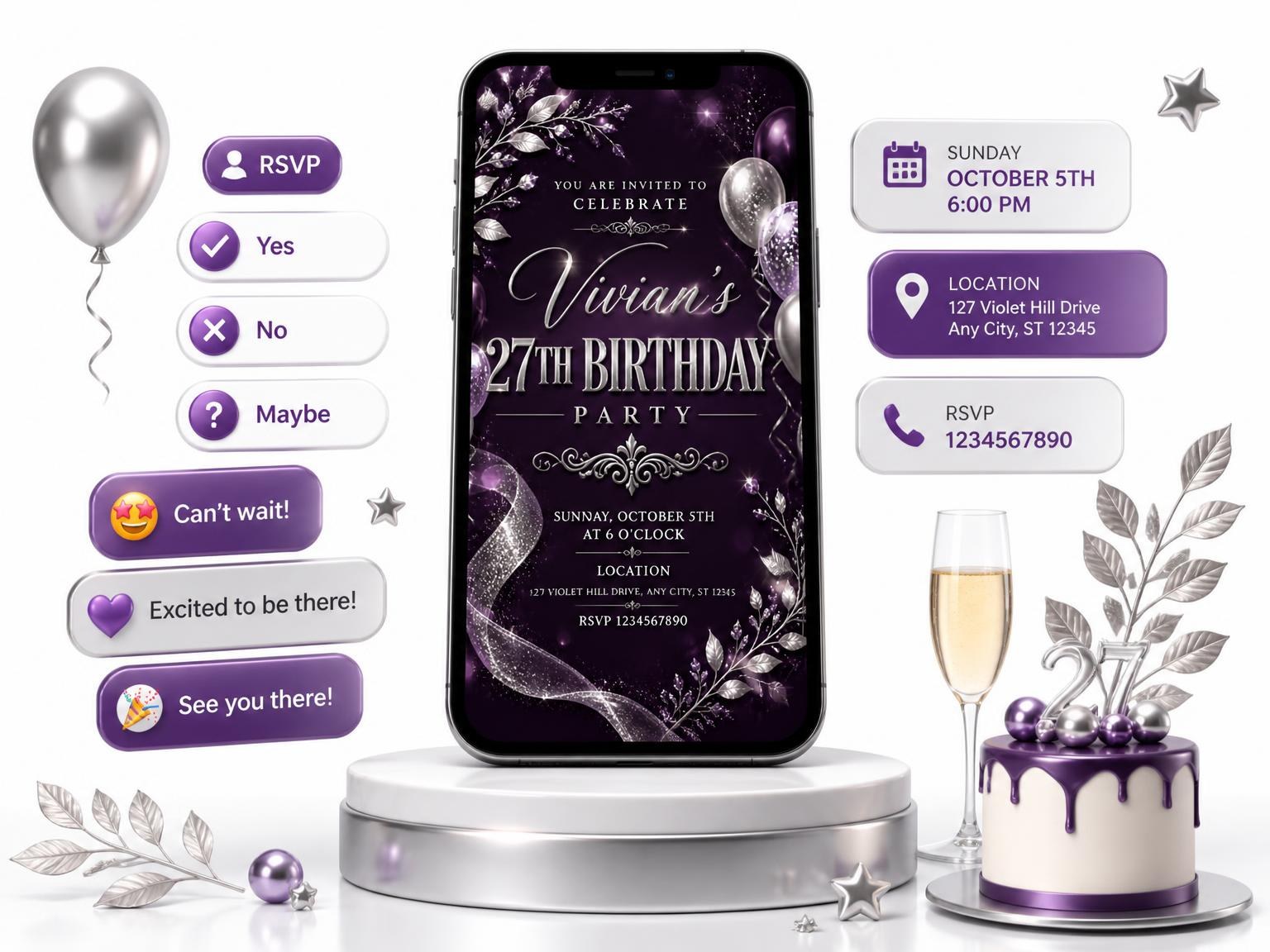The Plum and Silver 27th Birthday Invitation invitation on a phone, with guest RSVPs arriving around it