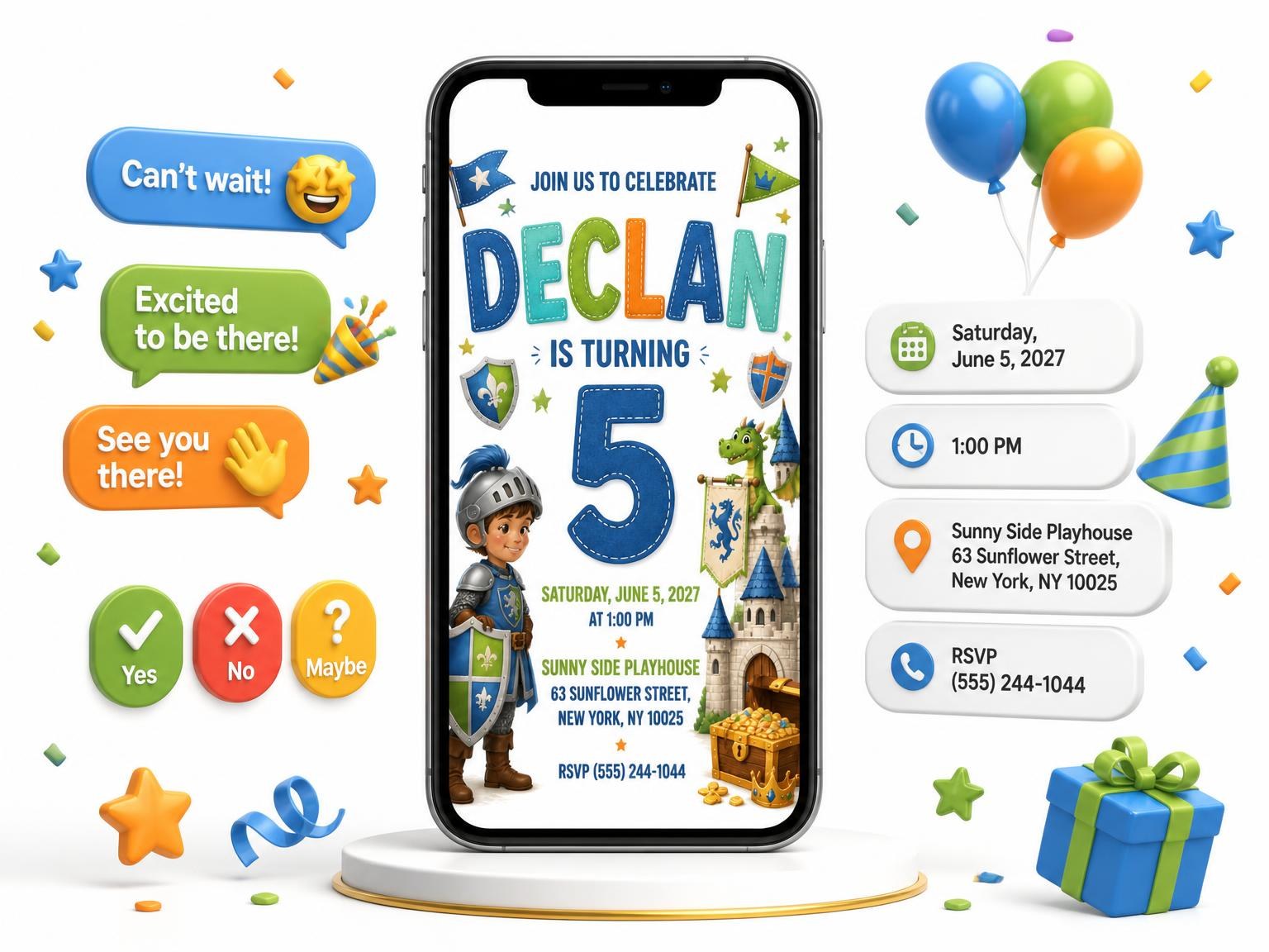The Medieval Castle 5th Birthday Invitation invitation on a phone, with guest RSVPs arriving around it