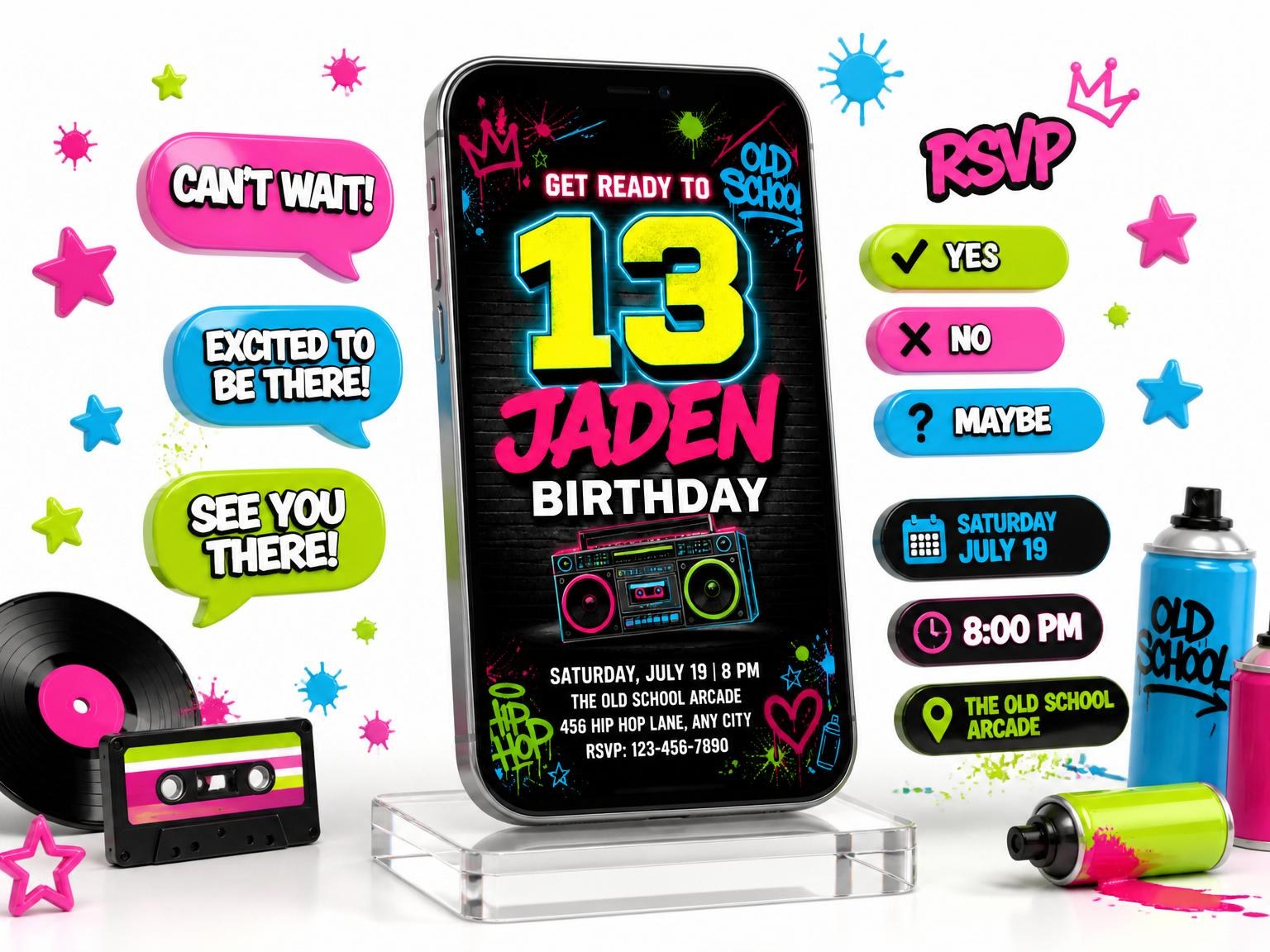 The Neon Graffiti Boombox 13th Birthday Invitation invitation on a phone, with guest RSVPs arriving around it