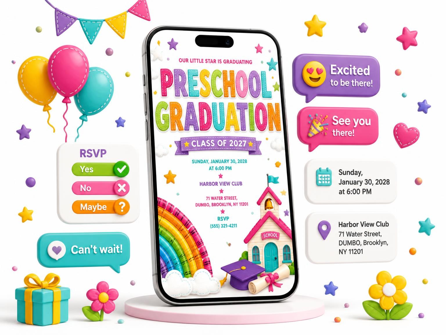 The Rainbow Crayon Preschool Graduation Invitation invitation on a phone, with guest RSVPs arriving around it