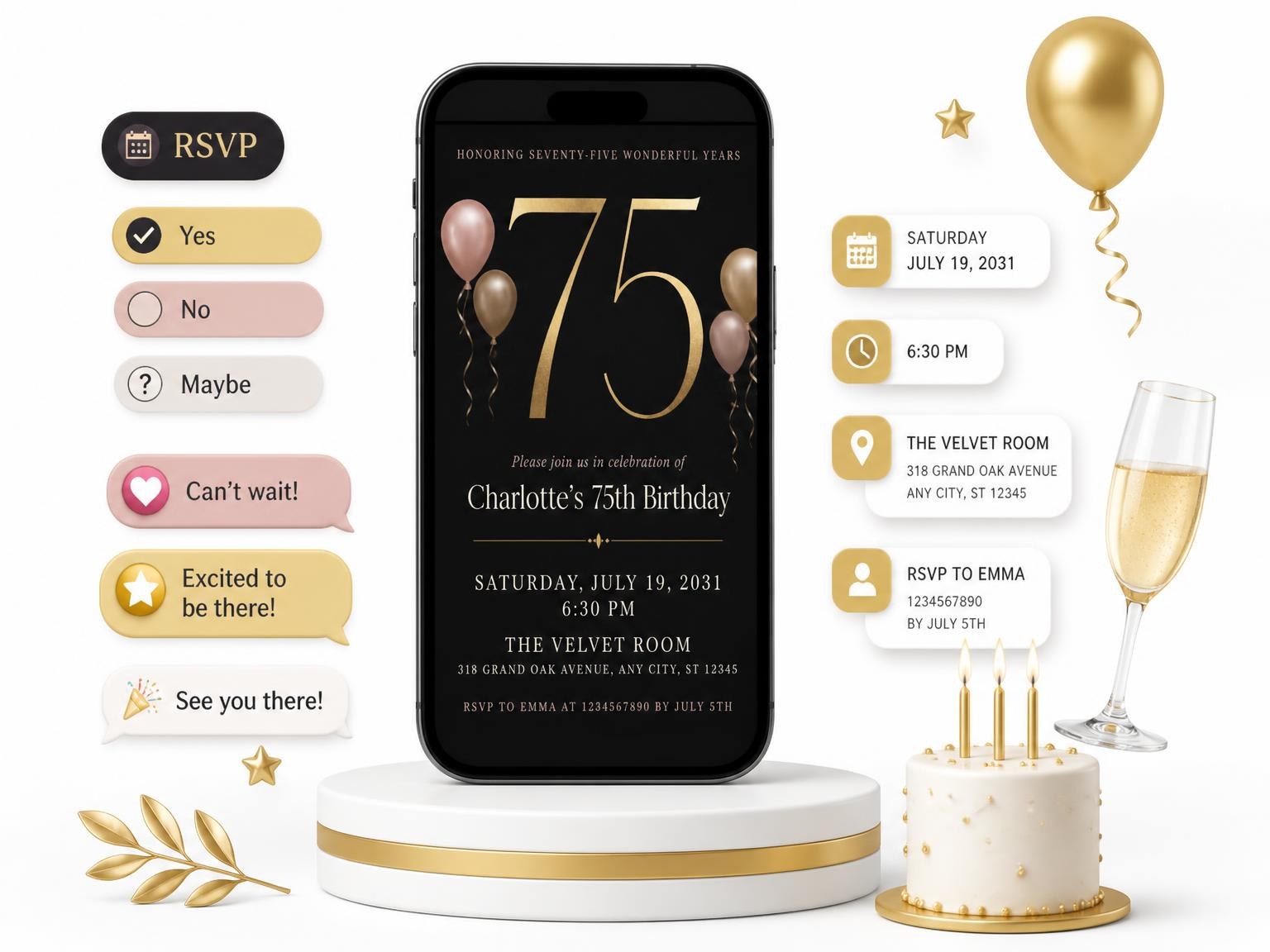 The Charcoal and Blush 75th Birthday Invitation invitation on a phone, with guest RSVPs arriving around it