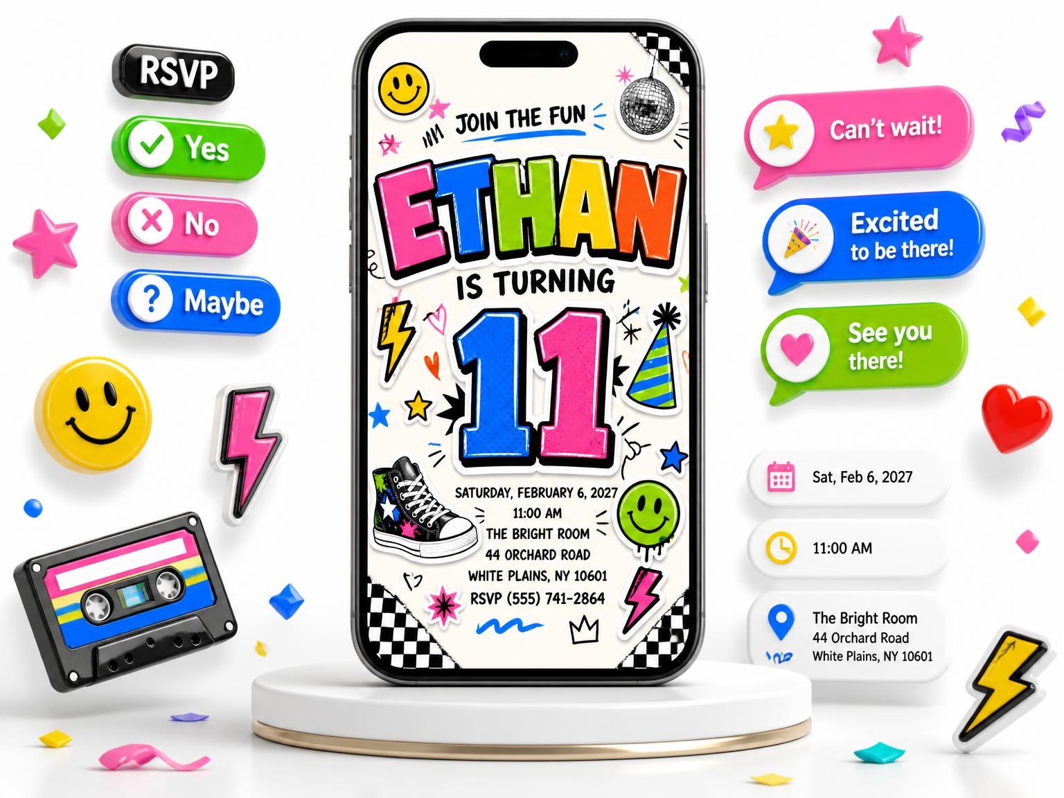 The Sticker Pop 11th Birthday Invitation invitation on a phone, with guest RSVPs arriving around it