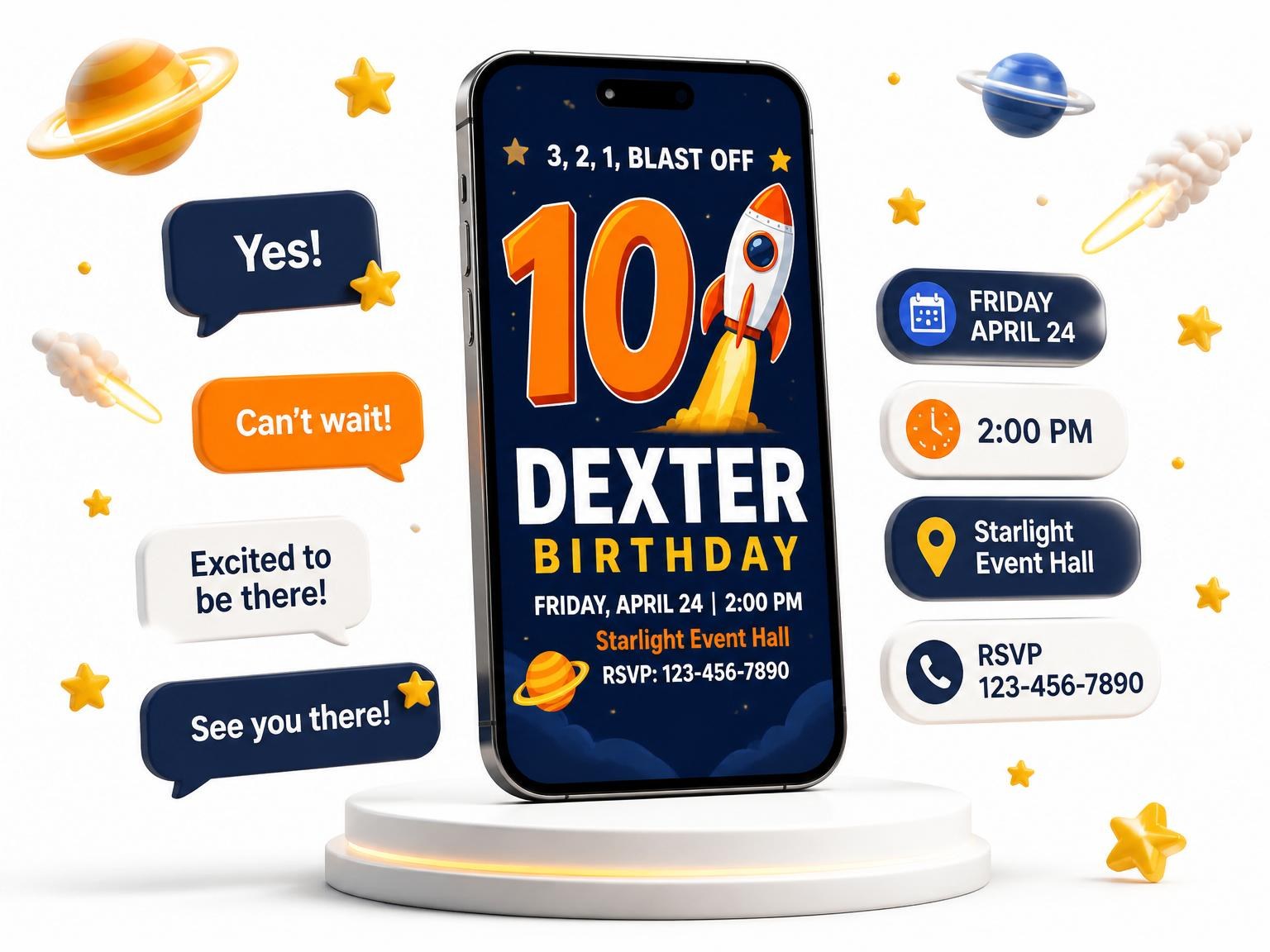 The Navy Rocket Launch 10th Birthday invitation on a phone, with guest RSVPs arriving around it