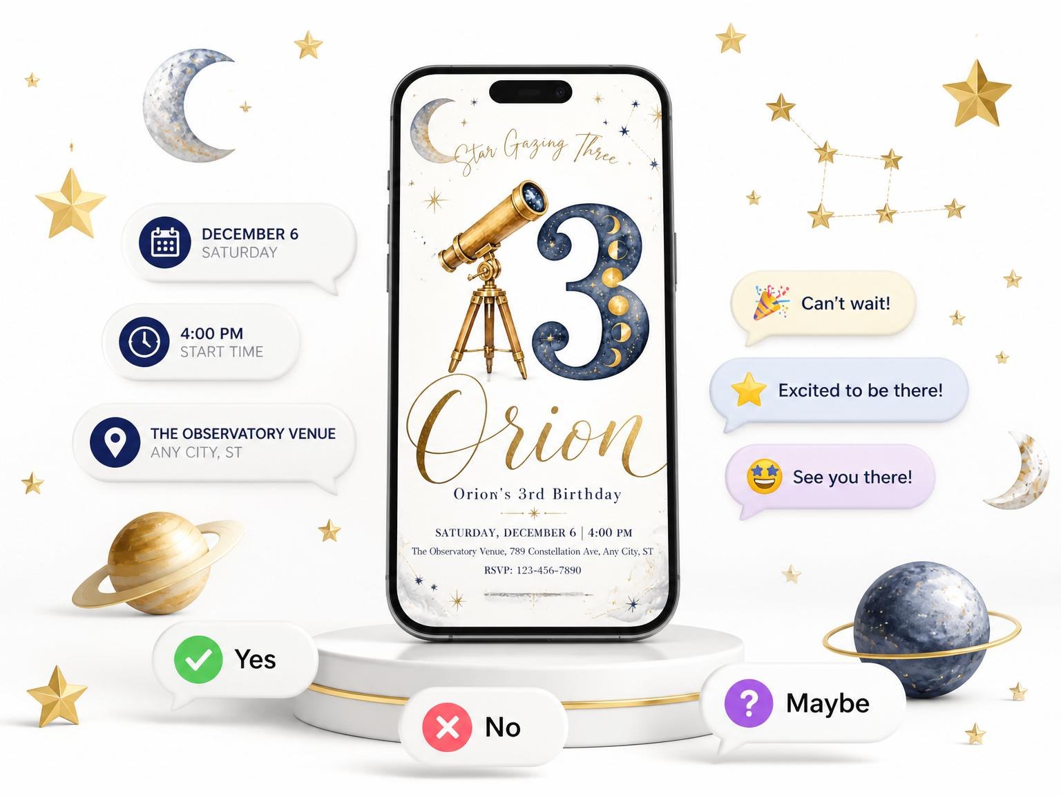 The Watercolor Telescope Celestial 3rd Birthday invitation on a phone, with guest RSVPs arriving around it