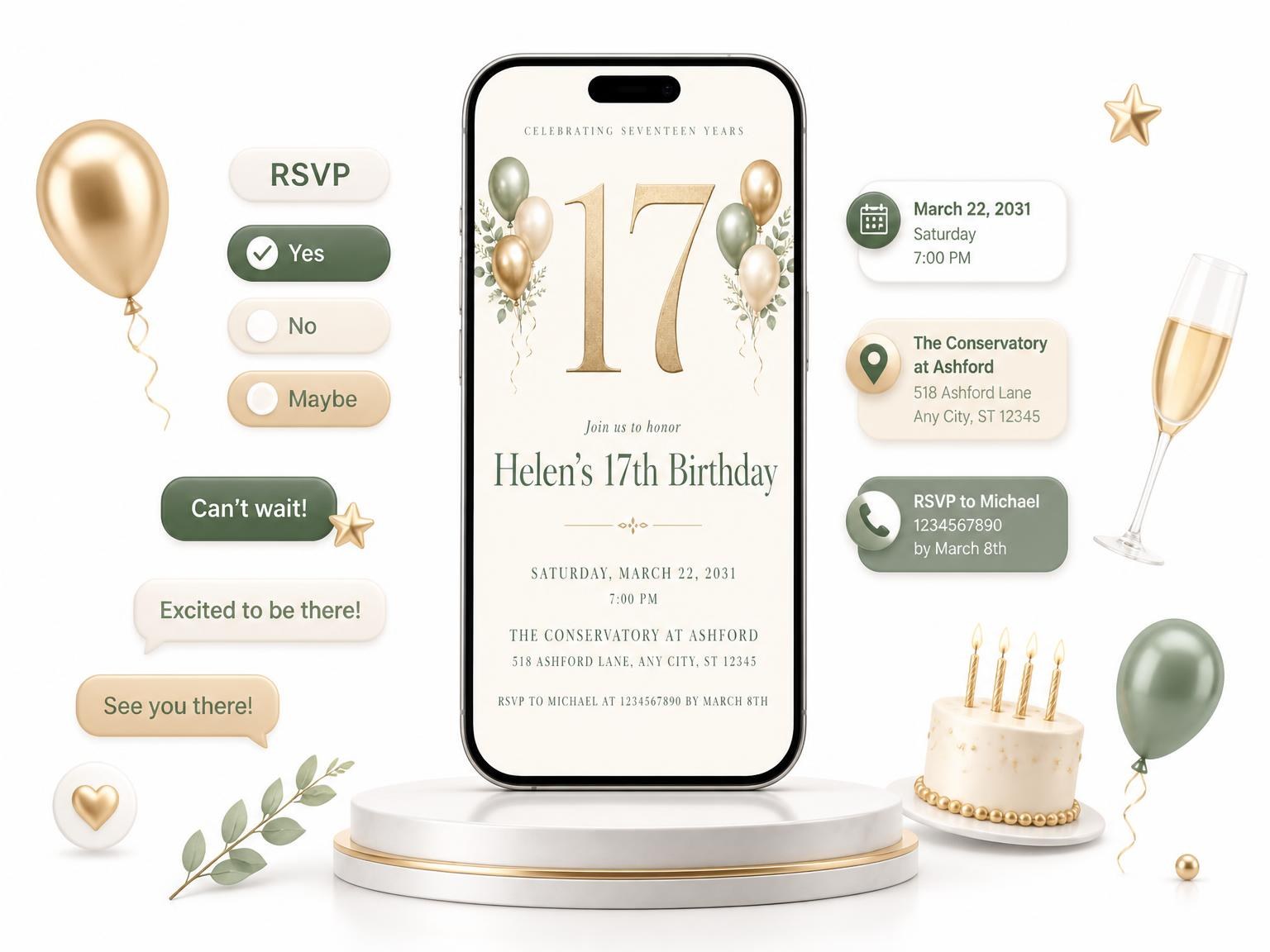 The Sage and Ivory 17th Birthday Invitation invitation on a phone, with guest RSVPs arriving around it