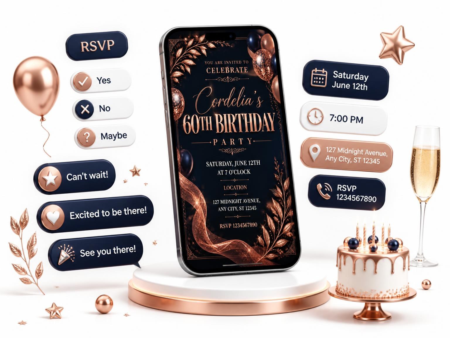 The Navy and Rose Gold 60th Birthday Invitation invitation on a phone, with guest RSVPs arriving around it
