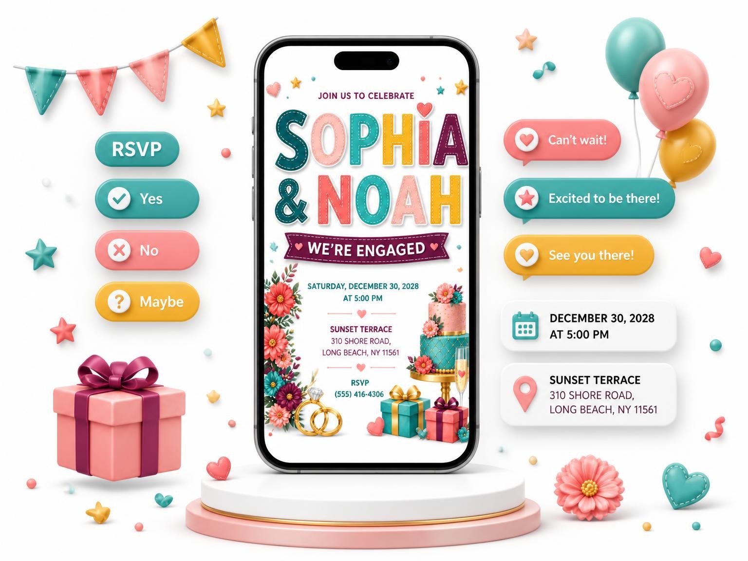 The Ribbon Banner Engagement Party Invitation invitation on a phone, with guest RSVPs arriving around it
