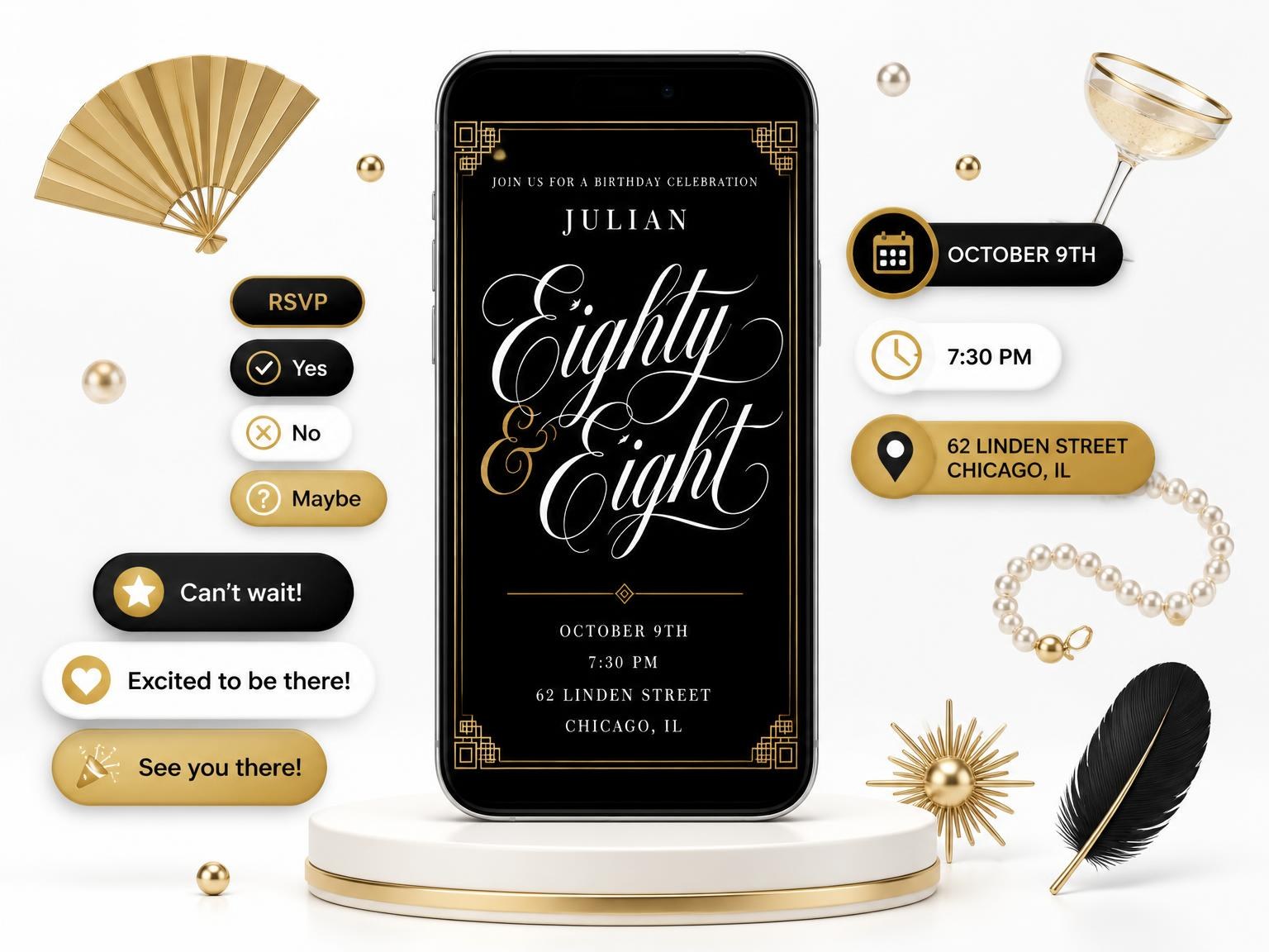 The Art Deco 88th Birthday Invitation invitation on a phone, with guest RSVPs arriving around it