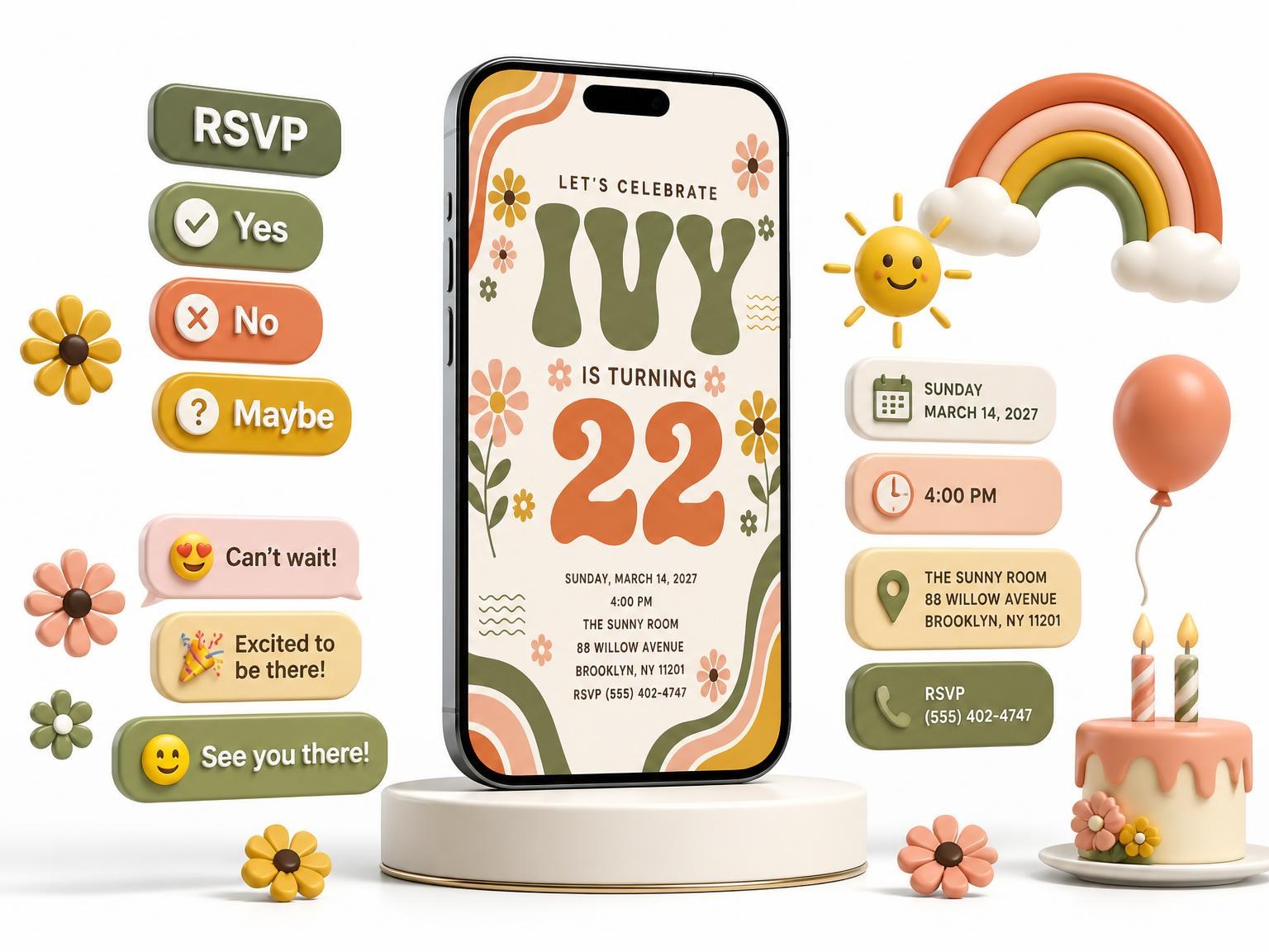 The Groovy Retro 22nd Birthday Invitation invitation on a phone, with guest RSVPs arriving around it