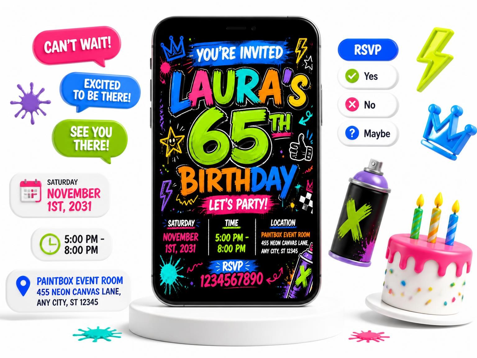 The Graffiti Street Art 65th Birthday Invitation invitation on a phone, with guest RSVPs arriving around it